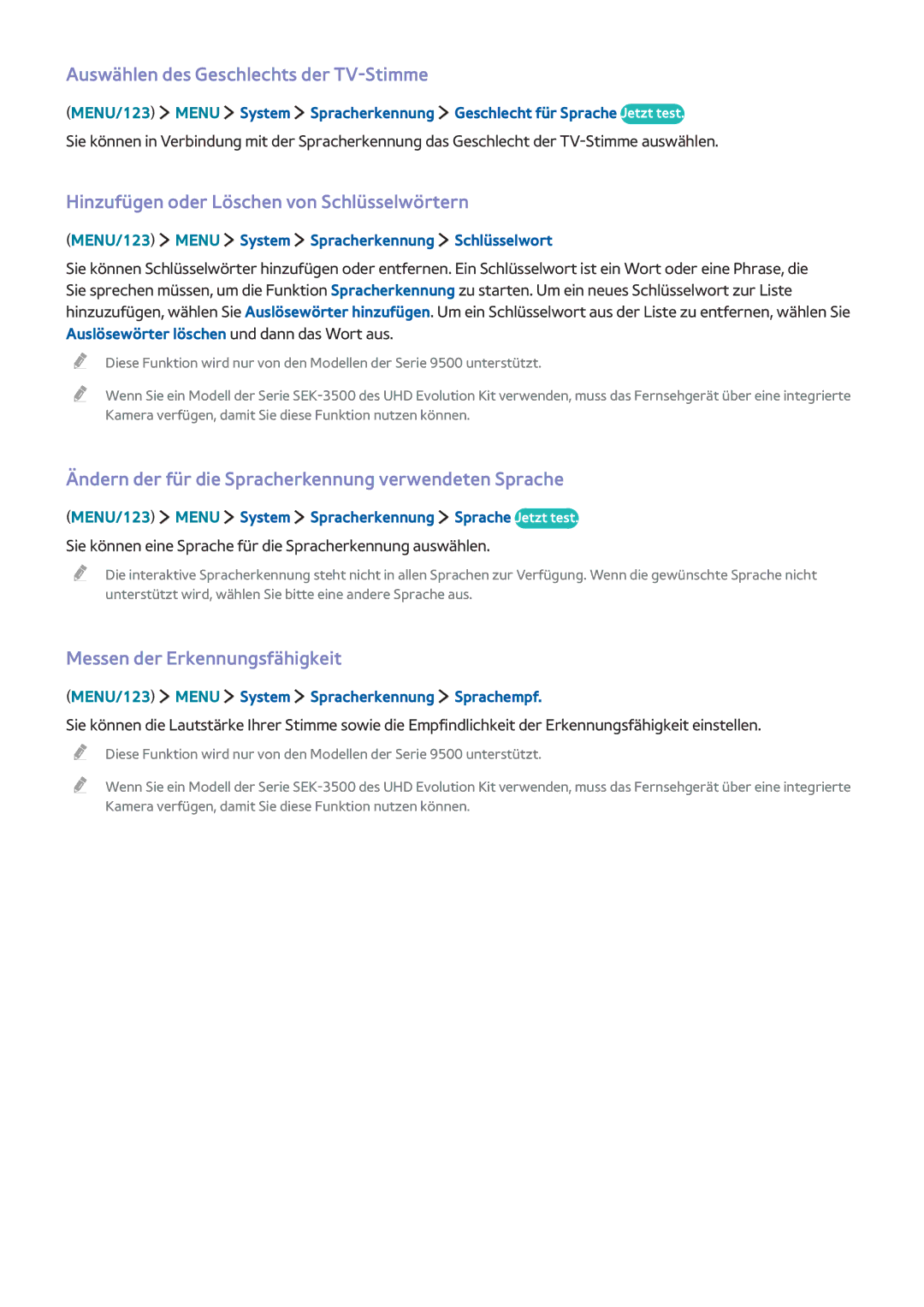 Samsung UE65JS9000TXXC, UE82S9WAQXZG Auswählen des Geschlechts der TV-Stimme, Hinzufügen oder Löschen von Schlüsselwörtern 