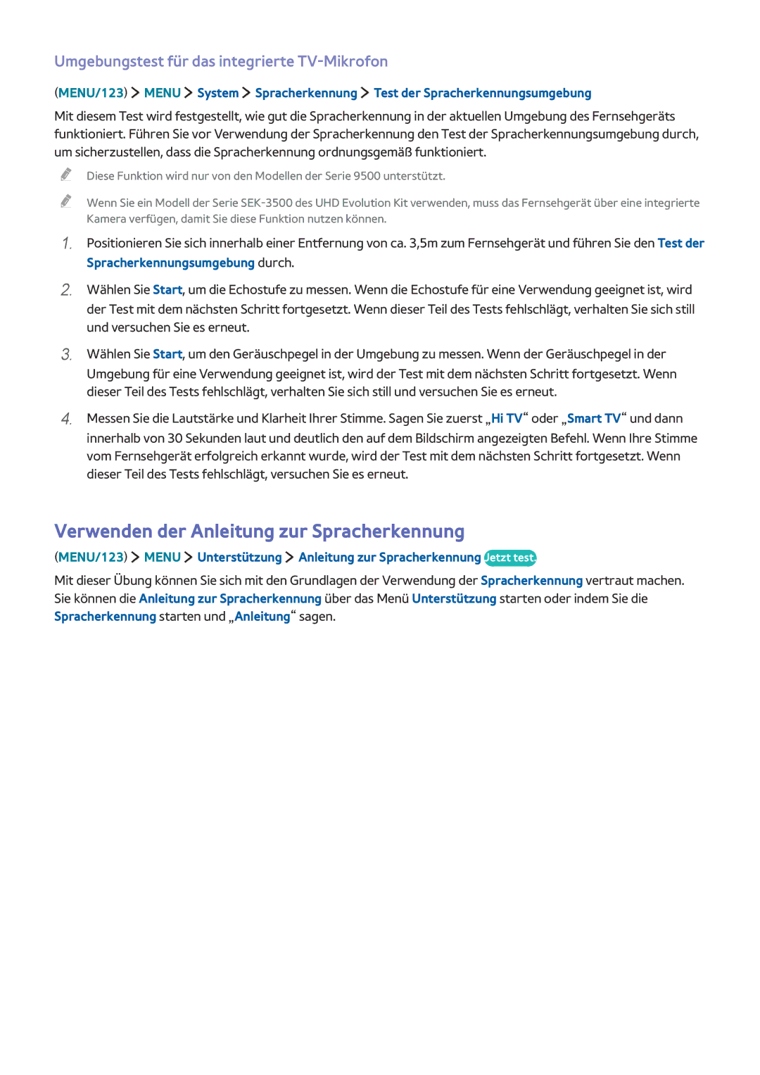 Samsung UE65JS9000LXXH manual Verwenden der Anleitung zur Spracherkennung, Umgebungstest für das integrierte TV-Mikrofon 