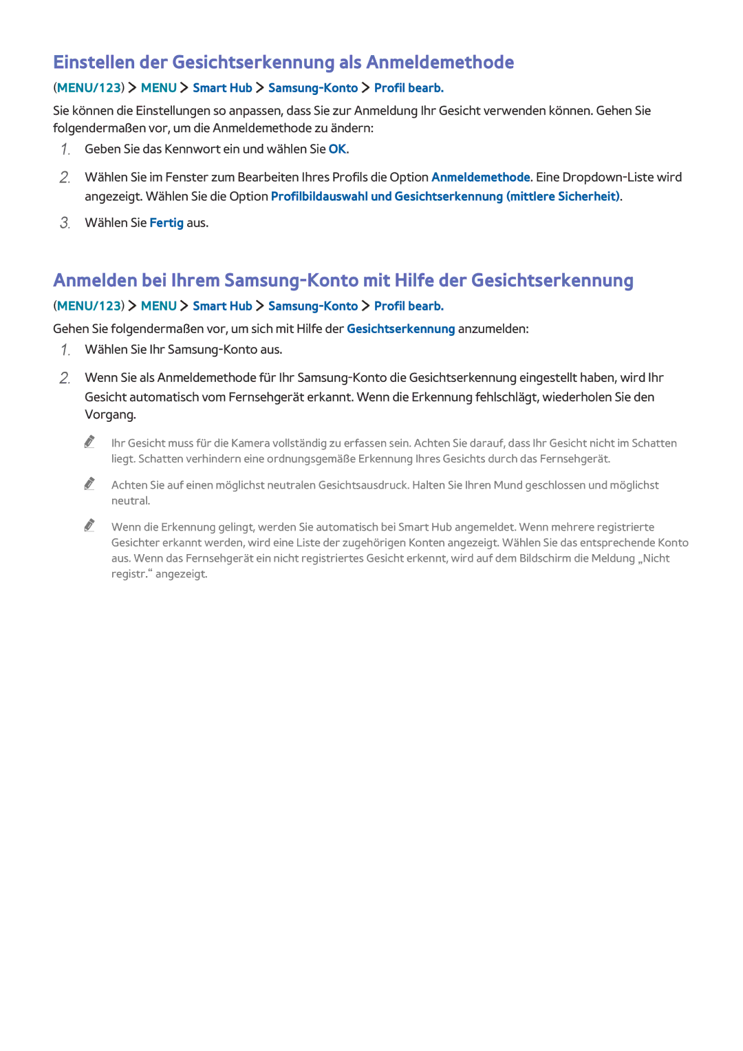 Samsung UE55JS9000TXXC, UE55JS9090QXZG, UE78JS9590QXZG, UE65JS9590QXZG Einstellen der Gesichtserkennung als Anmeldemethode 