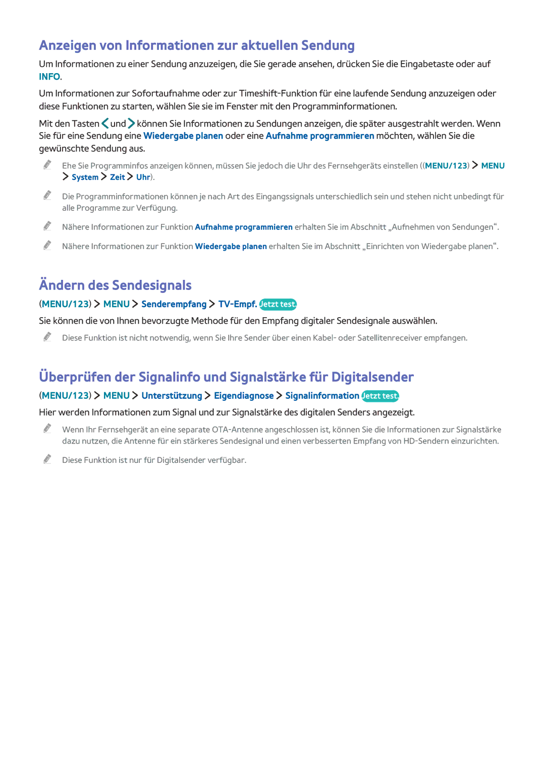 Samsung UE65JS9090QXZG manual Anzeigen von Informationen zur aktuellen Sendung, Ändern des Sendesignals, System Zeit Uhr 