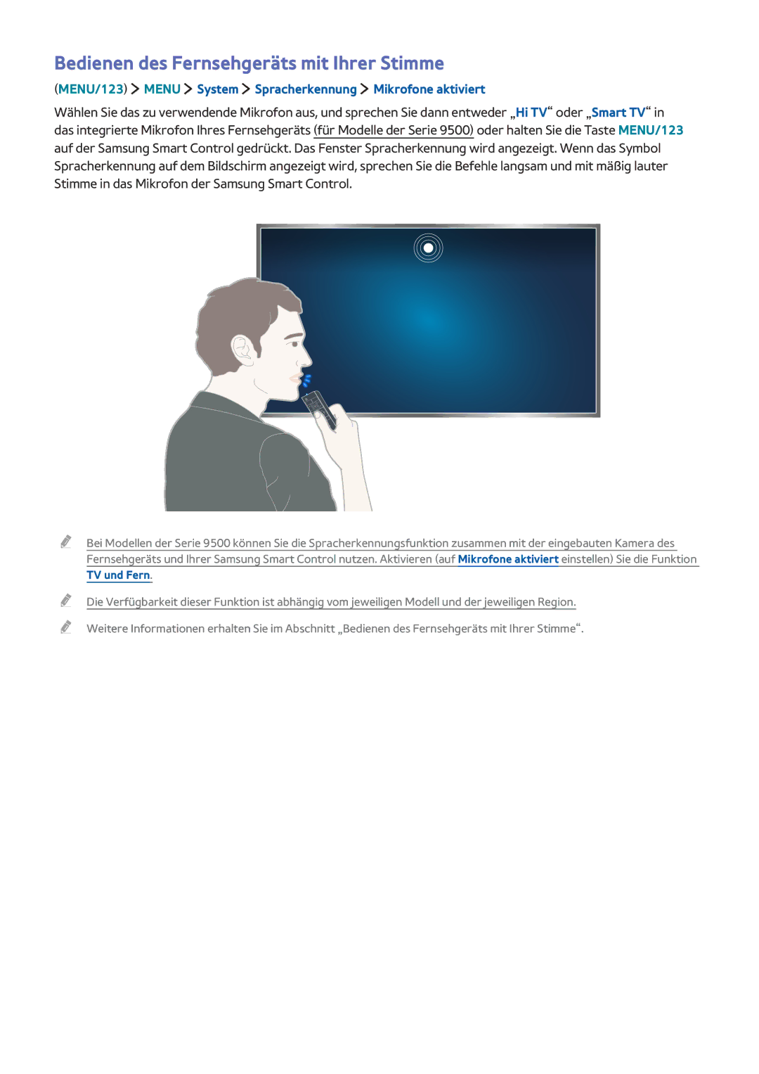 Samsung UE78JS9500TXTK, UE55JS9090QXZG, UE78JS9590QXZG, UE65JS9590QXZG manual Bedienen des Fernsehgeräts mit Ihrer Stimme 