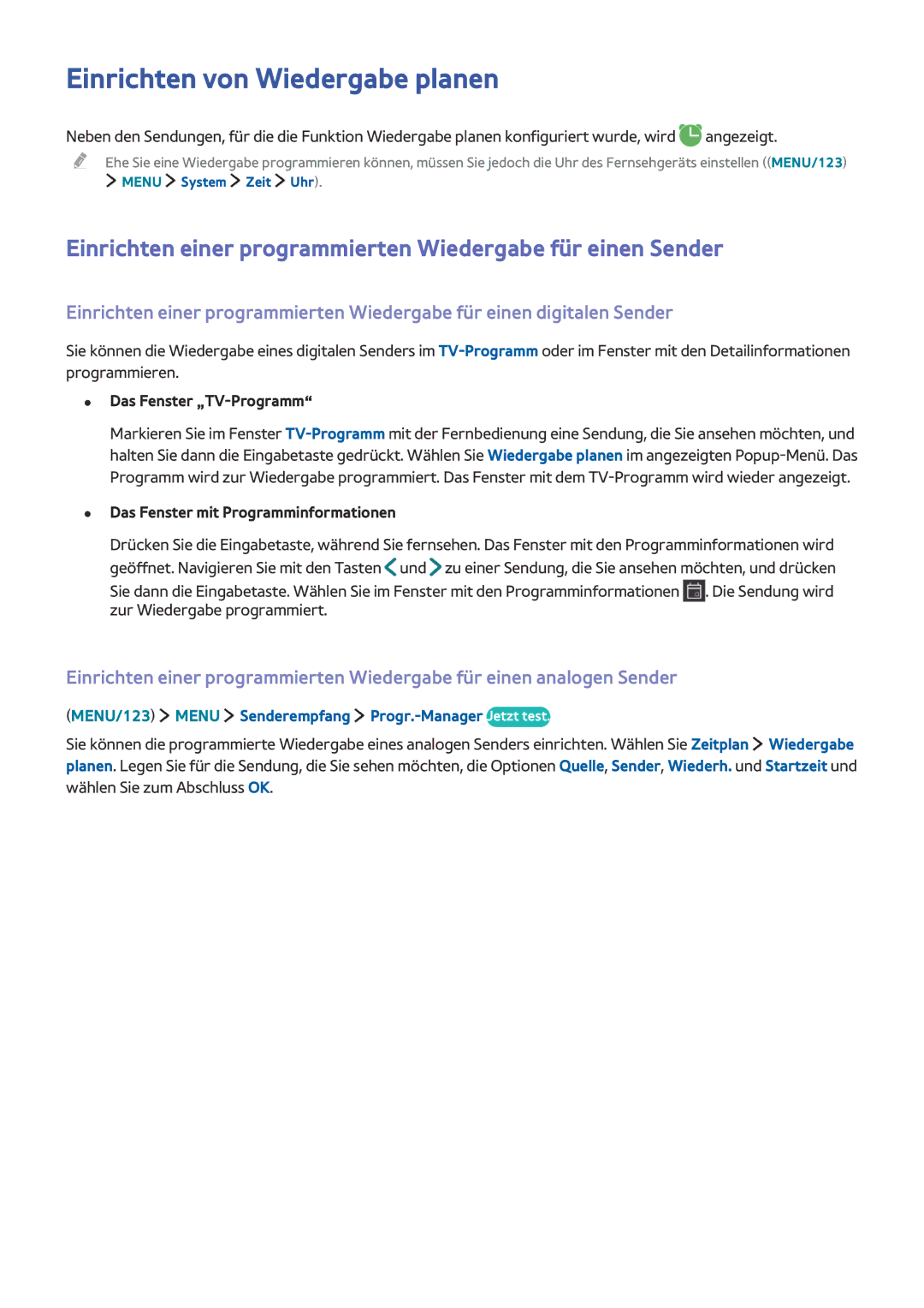 Samsung UE78JS9590QXZG manual Einrichten von Wiedergabe planen, Einrichten einer programmierten Wiedergabe für einen Sender 