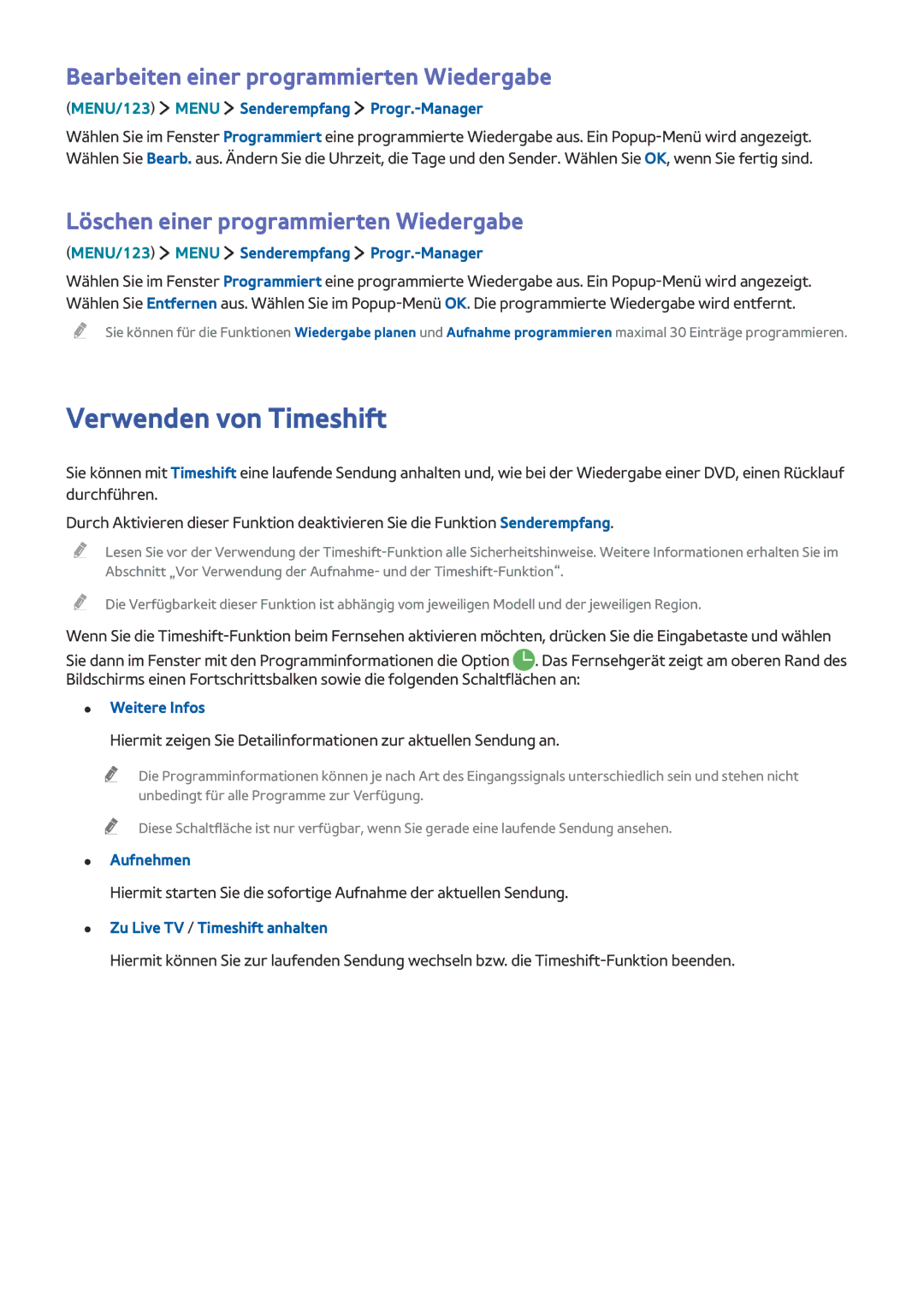 Samsung UE65JS9590QXZG, UE55JS9090QXZG manual Verwenden von Timeshift, Bearbeiten einer programmierten Wiedergabe, Aufnehmen 