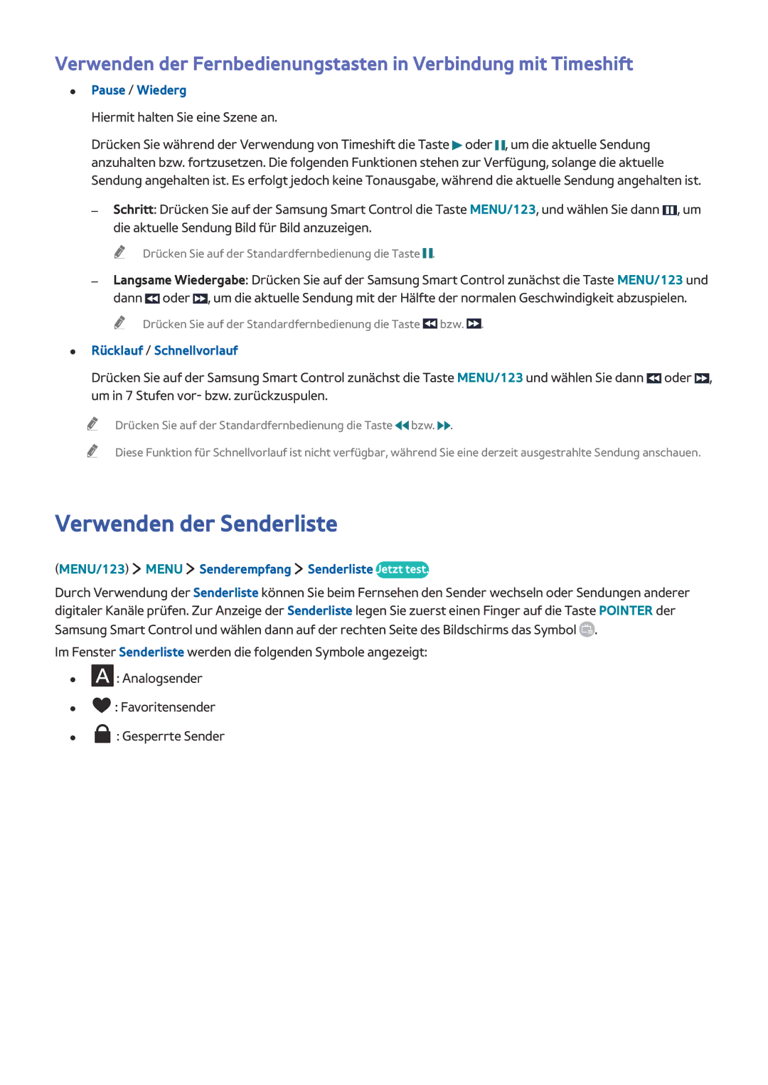 Samsung UE55JS9000LXXH, UE55JS9090QXZG manual Verwenden der Senderliste, MENU/123 Menu Senderempfang Senderliste Jetzt test 