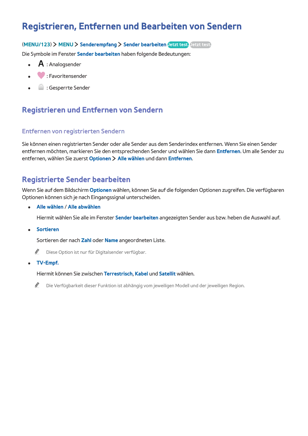 Samsung UE65JS9000TXXC manual Registrieren, Entfernen und Bearbeiten von Sendern, Registrieren und Entfernen von Sendern 