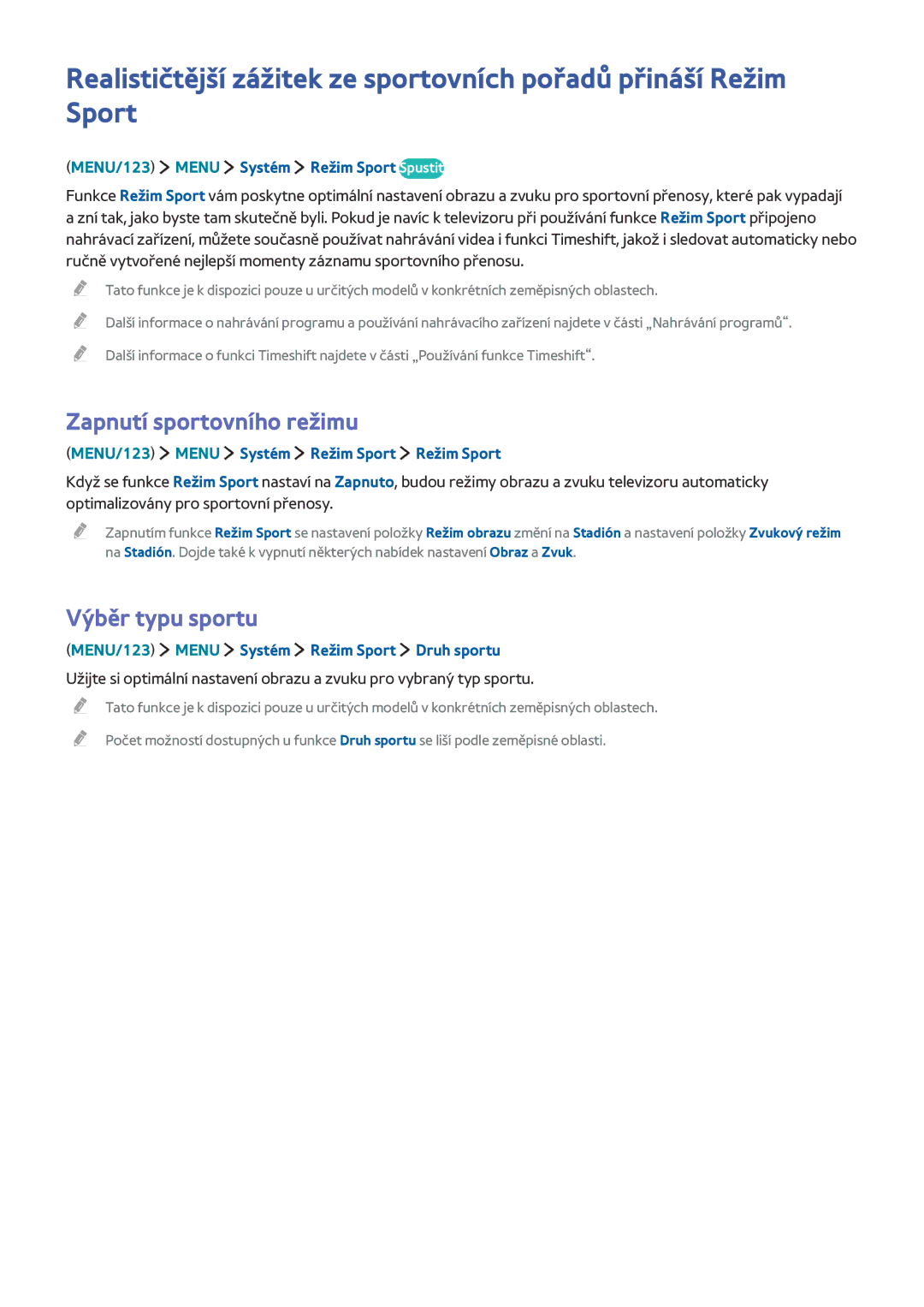 Samsung UE88JS9500LXXH manual Zapnutí sportovního režimu, Výběr typu sportu, MENU/123 Menu Systém Režim Sport Spustit 