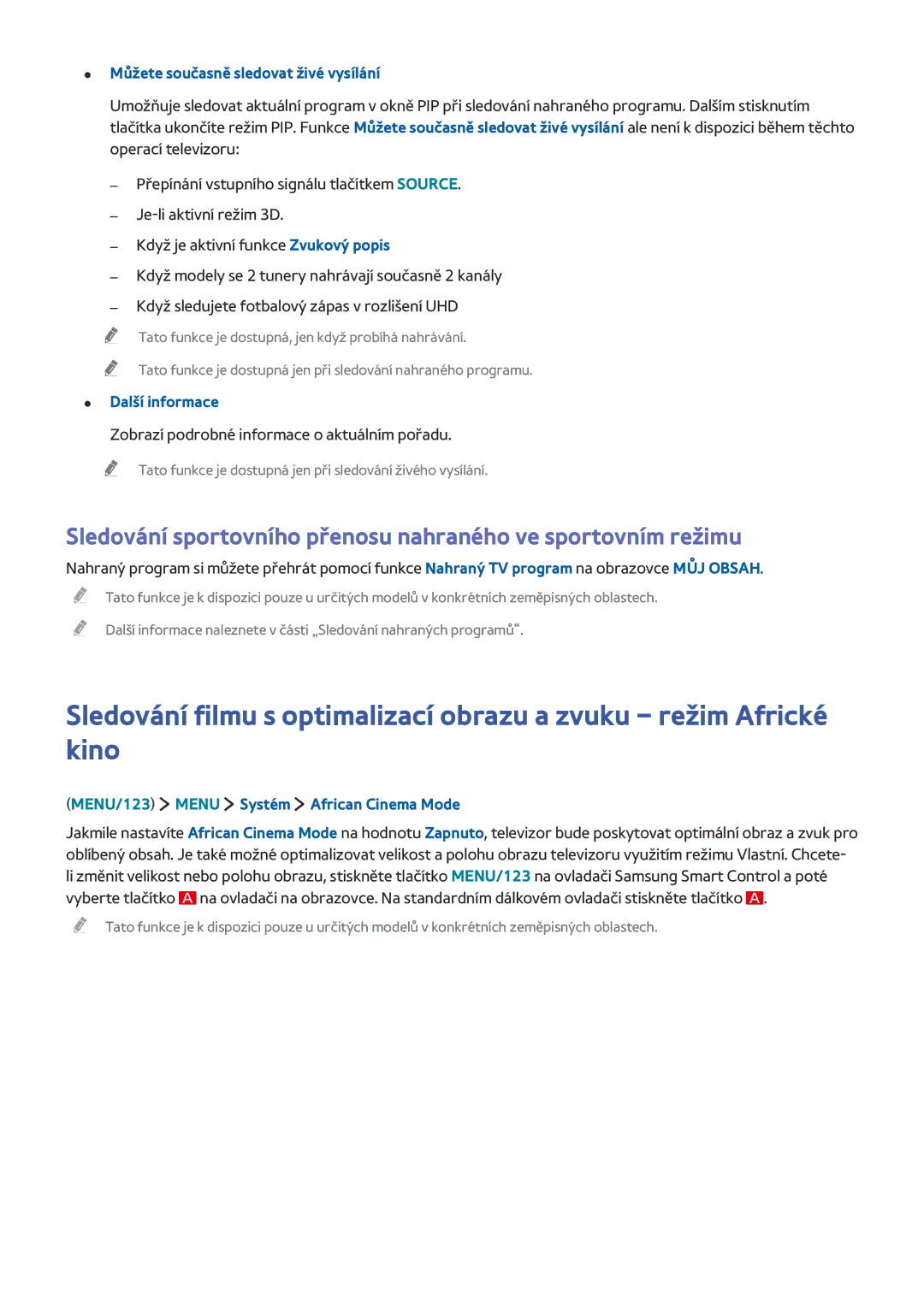 Samsung UE55JS9000TXXU, UE55JS9090QXZG Můžete současně sledovat živé vysílání, MENU/123 Menu Systém African Cinema Mode 