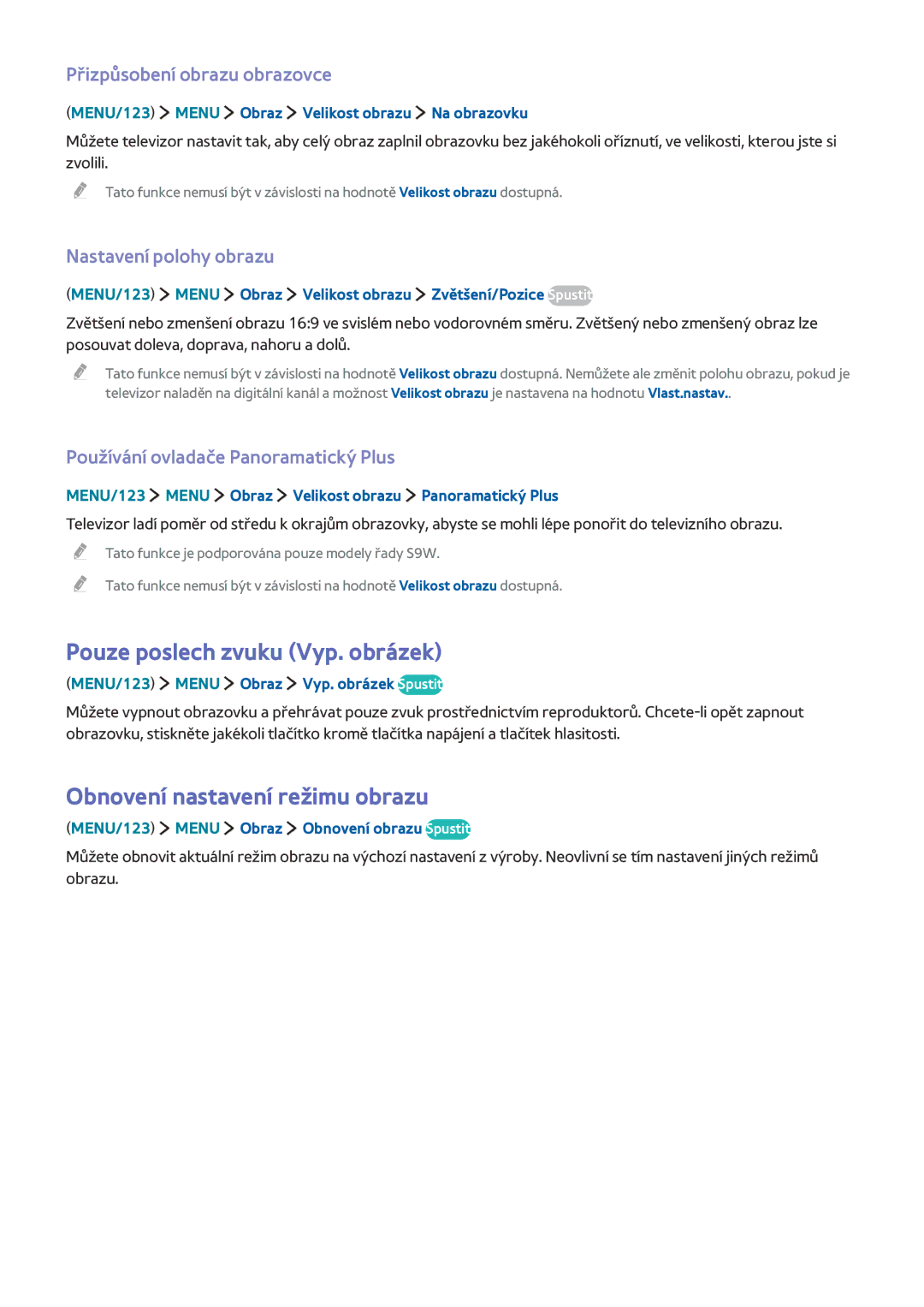 Samsung UE65JS9590QXZG Pouze poslech zvuku Vyp. obrázek, Obnovení nastavení režimu obrazu, Přizpůsobení obrazu obrazovce 