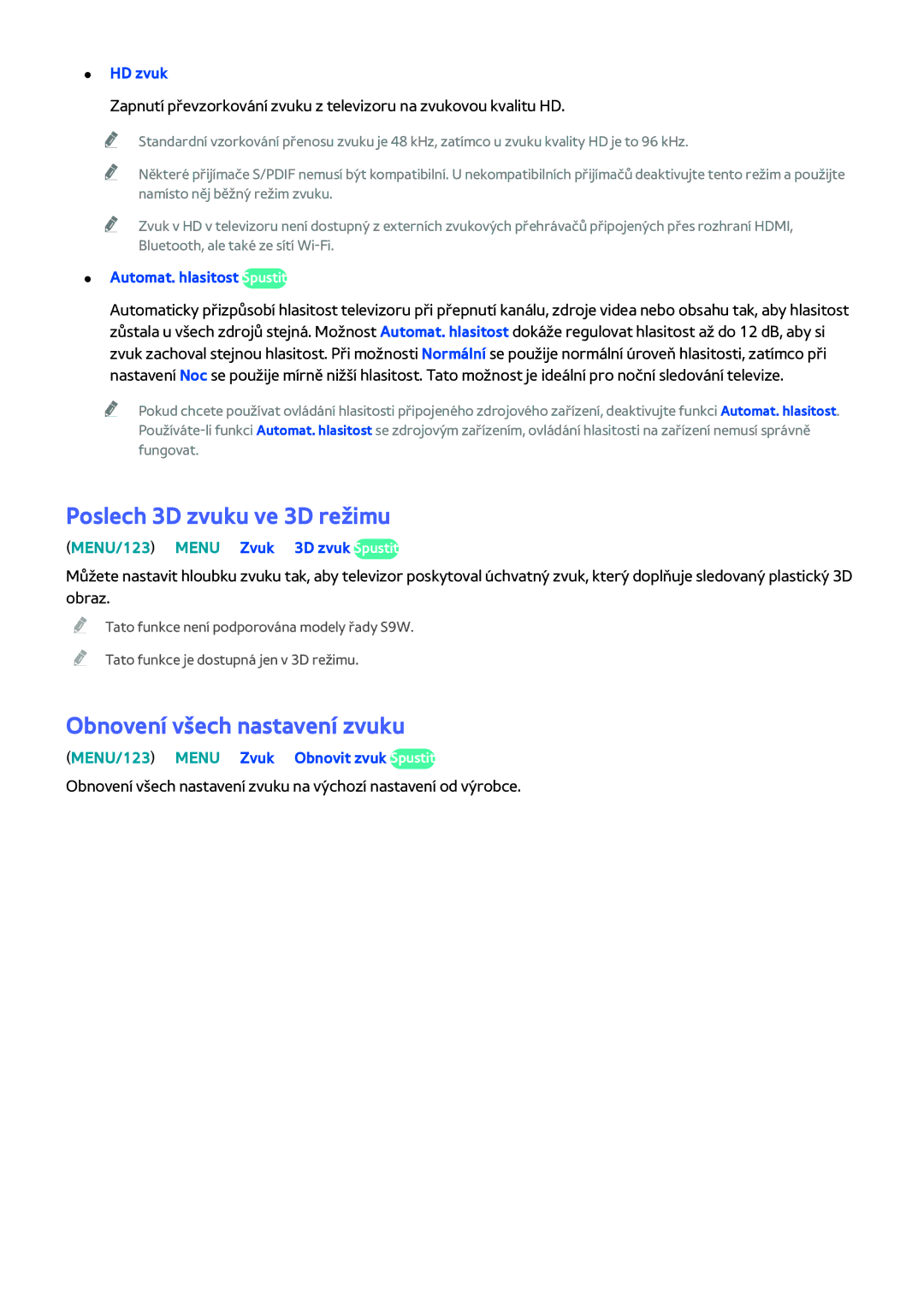 Samsung UE65JS9580QXZG, UE55JS9090QXZG, UE78JS9590QXZG manual Poslech 3D zvuku ve 3D režimu, Obnovení všech nastavení zvuku 