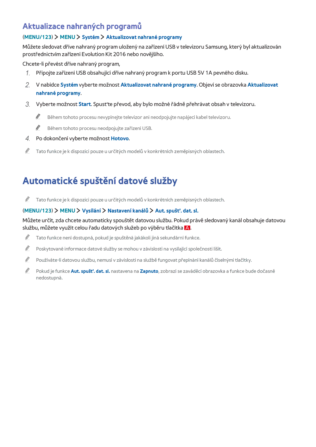 Samsung UE65JS9000LXXN, UE55JS9090QXZG, UE78JS9590QXZG Automatické spuštění datové služby, Aktualizace nahraných programů 