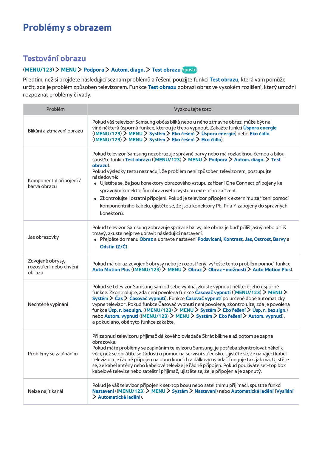 Samsung UE48JS9000TXXC manual Problémy s obrazem, Testování obrazu, MENU/123 Menu Podpora Autom. diagn. Test obrazu Spustit 