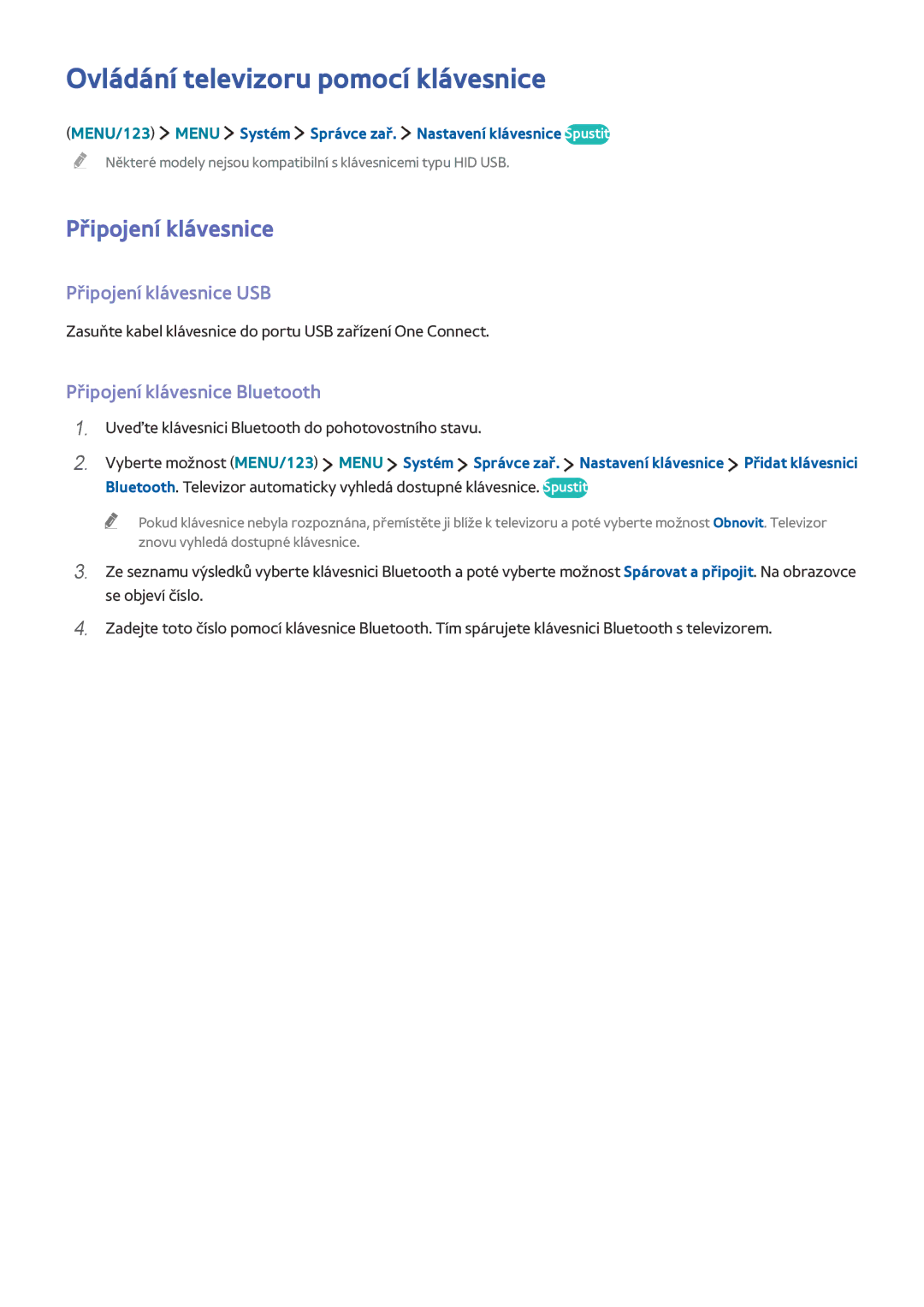 Samsung UE48JS9000TXXU Ovládání televizoru pomocí klávesnice, Připojení klávesnice USB, Připojení klávesnice Bluetooth 