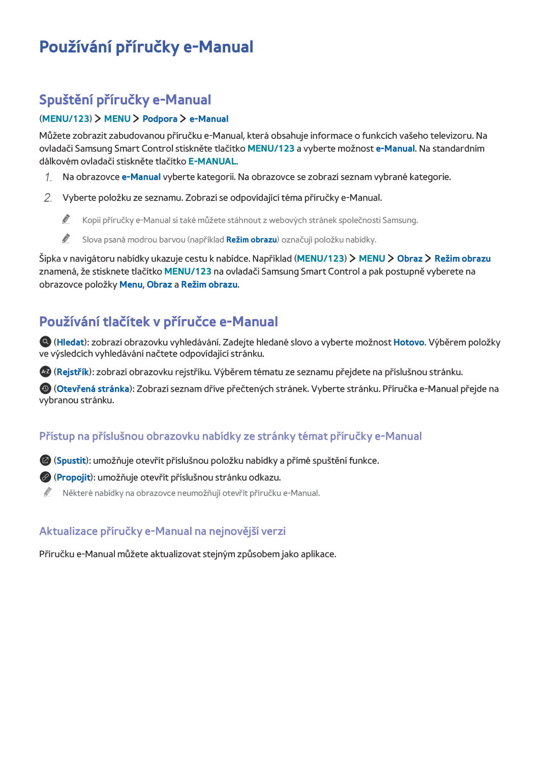 Samsung UE55JS9090QXZG Používání příručky e-Manual, Spuštění příručky e-Manual, Používání tlačítek v příručce e-Manual 