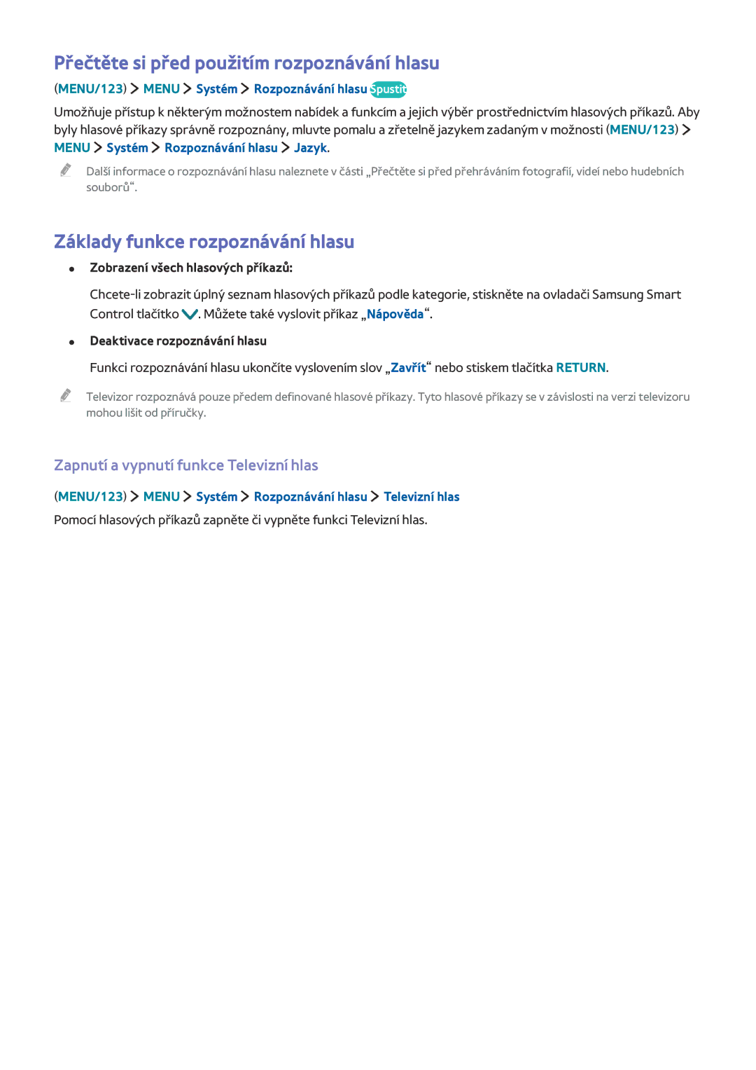 Samsung UE48JS9000LXXH, UE55JS9090QXZG Přečtěte si před použitím rozpoznávání hlasu, Základy funkce rozpoznávání hlasu 