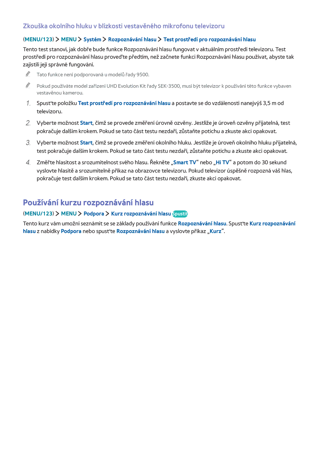 Samsung UE65JS9500LXXH manual Používání kurzu rozpoznávání hlasu, MENU/123 Menu Podpora Kurz rozpoznávání hlasu Spustit 