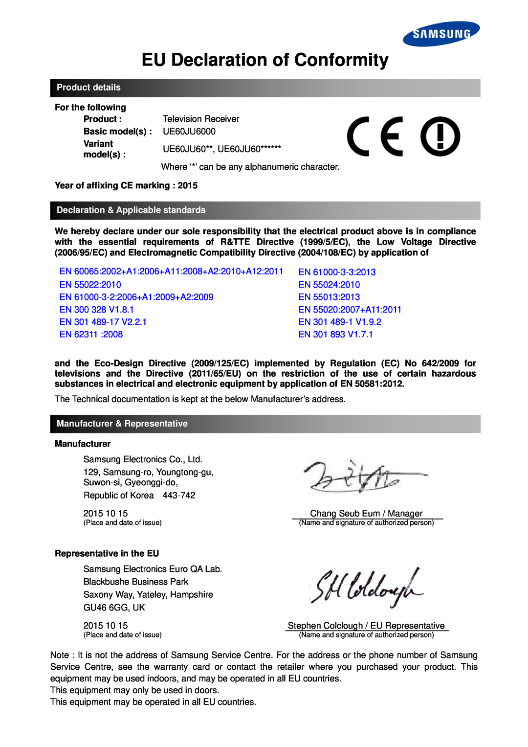 Samsung UE60JU6050UXZG manual EU Declaration of Conformity, Product details, Declaration & Applicable standards 