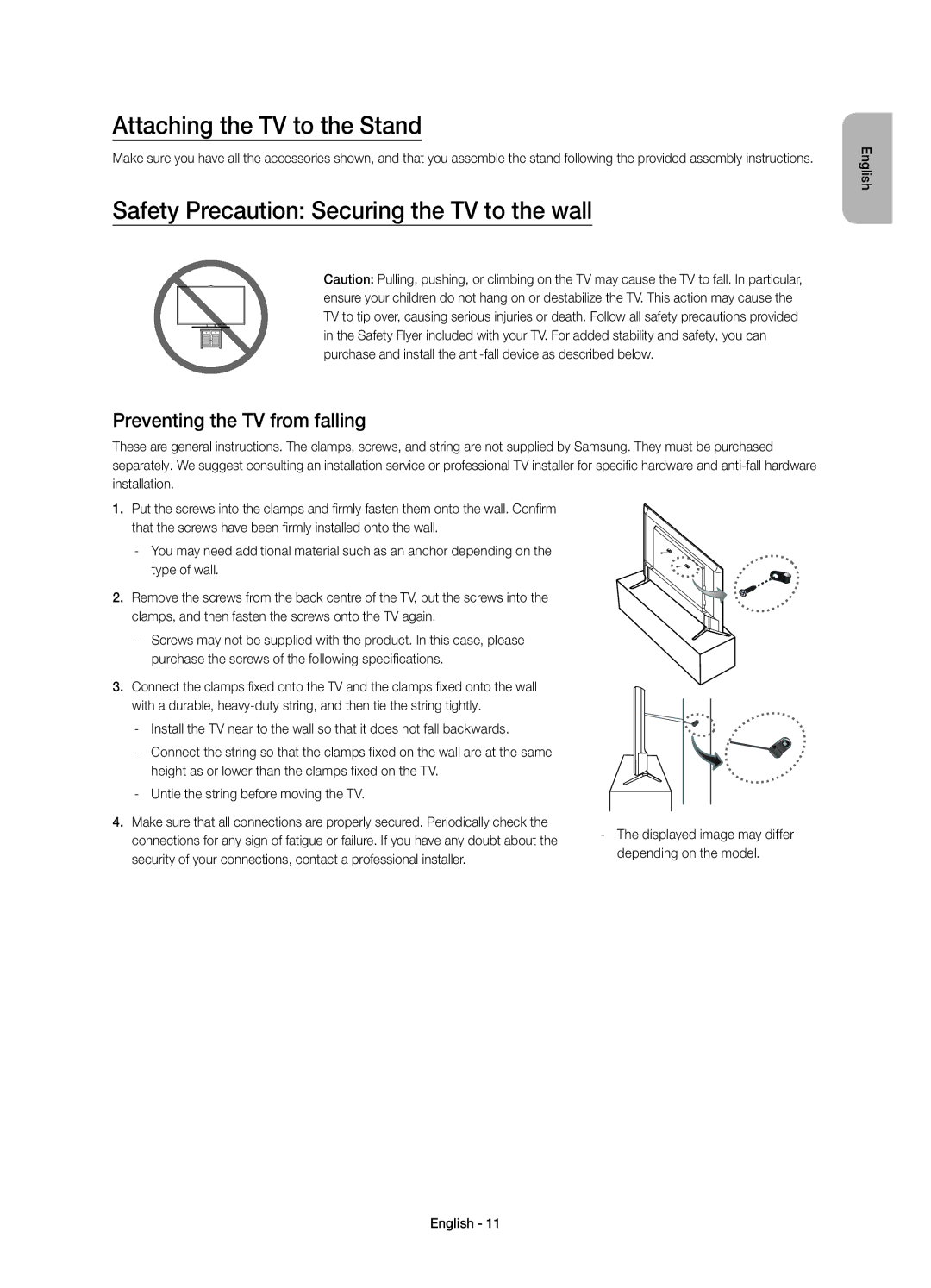 Samsung UE48JU6070UXZG, UE55JU6050UXZG manual Attaching the TV to the Stand, Safety Precaution Securing the TV to the wall 