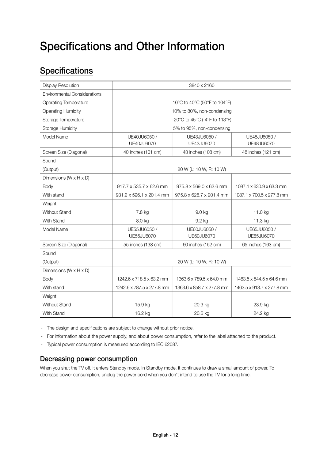 Samsung UE65JU6070UXZG, UE55JU6050UXZG, UE60JU6050UXZG Specifications and Other Information, Decreasing power consumption 