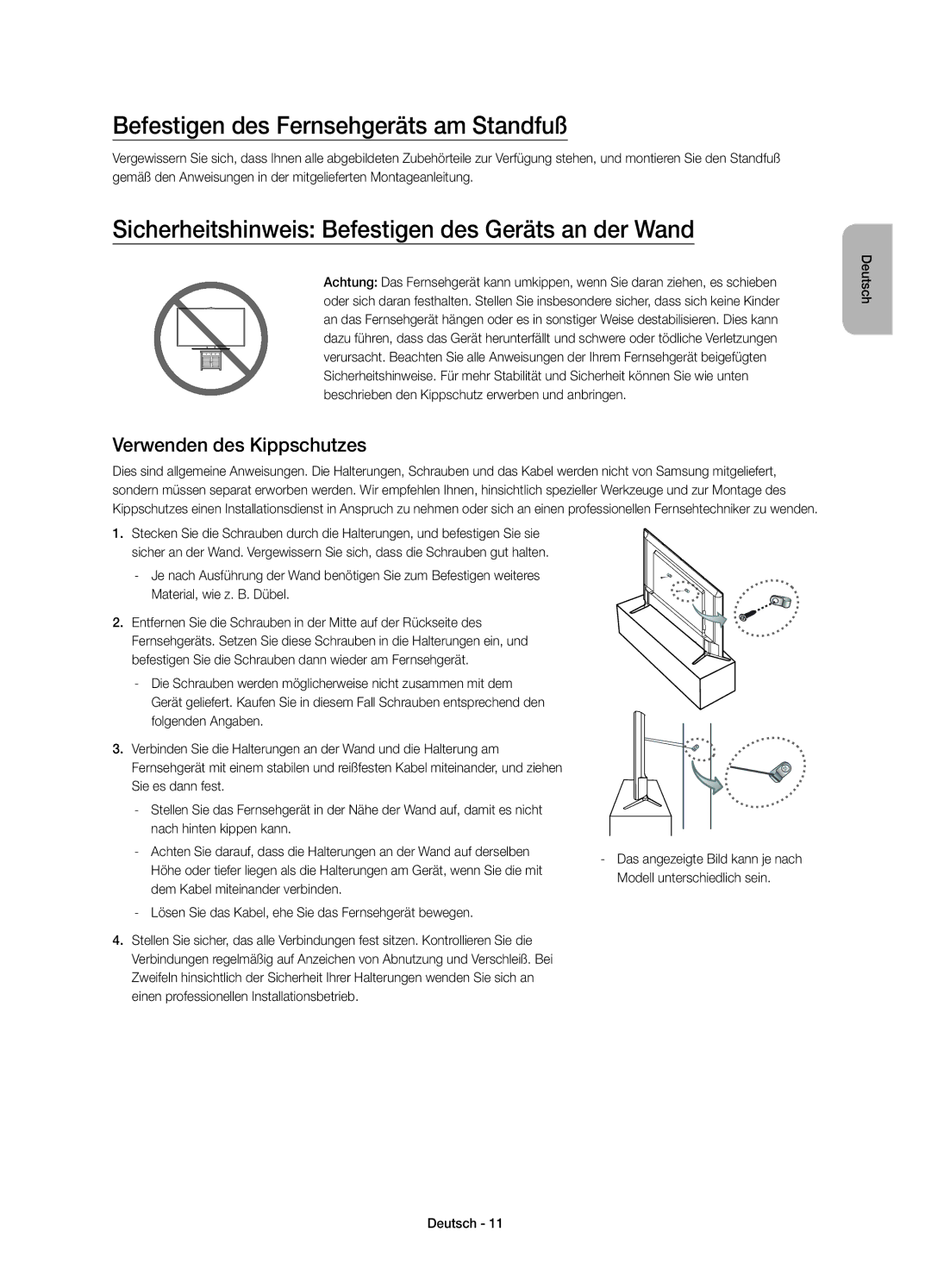 Samsung UE43JU6070UXZG Befestigen des Fernsehgeräts am Standfuß, Sicherheitshinweis Befestigen des Geräts an der Wand 