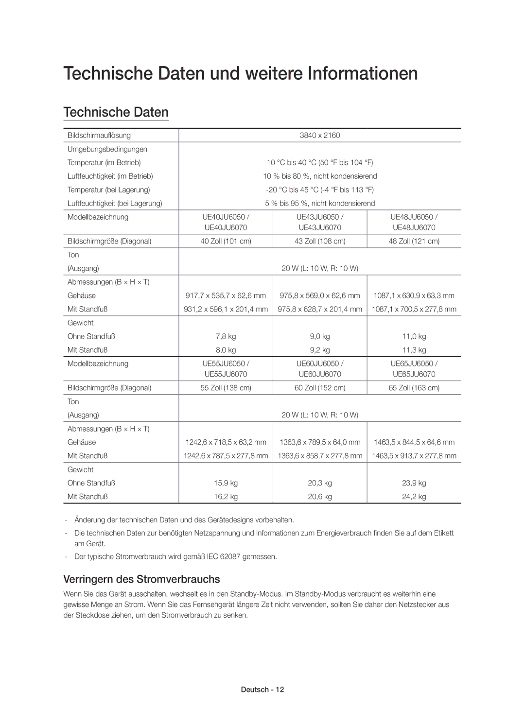 Samsung UE40JU6070UXZG, UE55JU6050UXZG manual Technische Daten und weitere Informationen, Verringern des Stromverbrauchs 