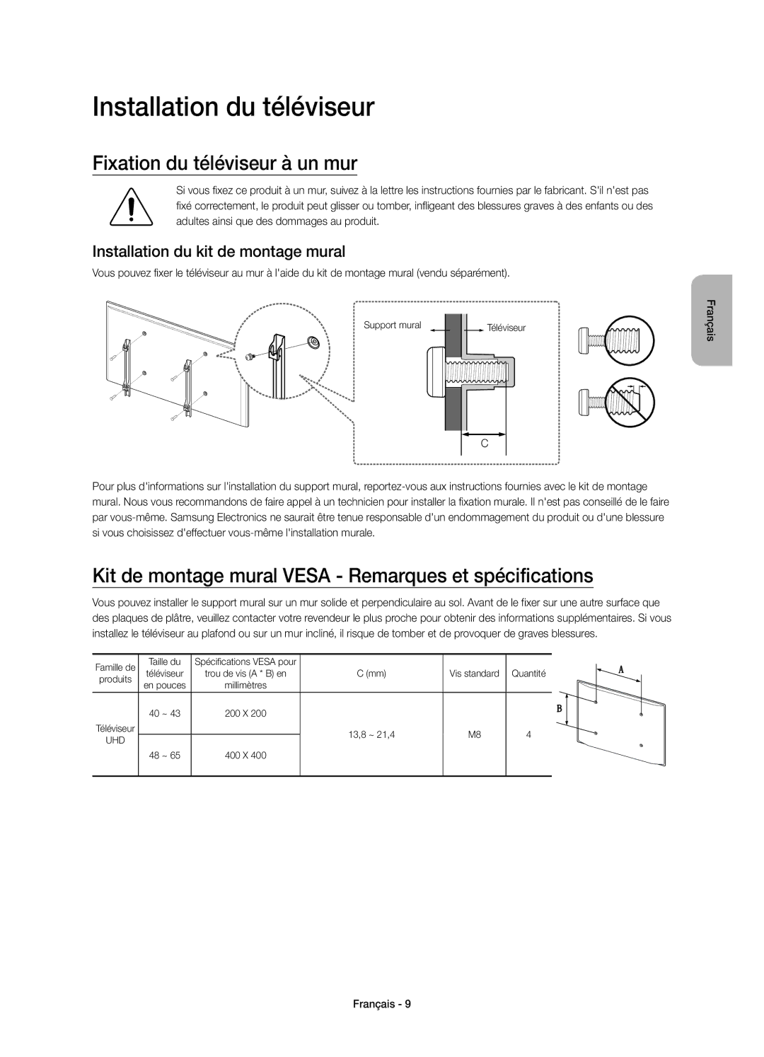Samsung UE43JU6070UXTK Installation du téléviseur, Fixation du téléviseur à un mur, Installation du kit de montage mural 