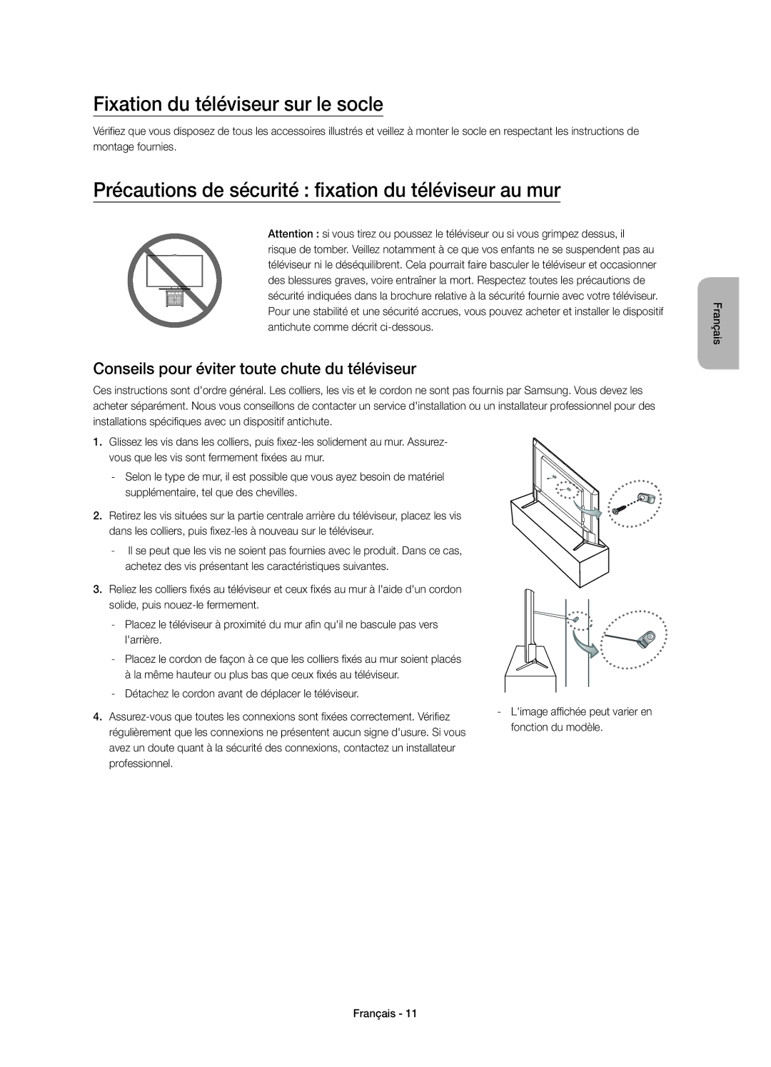 Samsung UE55JU6070UXTK manual Fixation du téléviseur sur le socle, Précautions de sécurité fixation du téléviseur au mur 