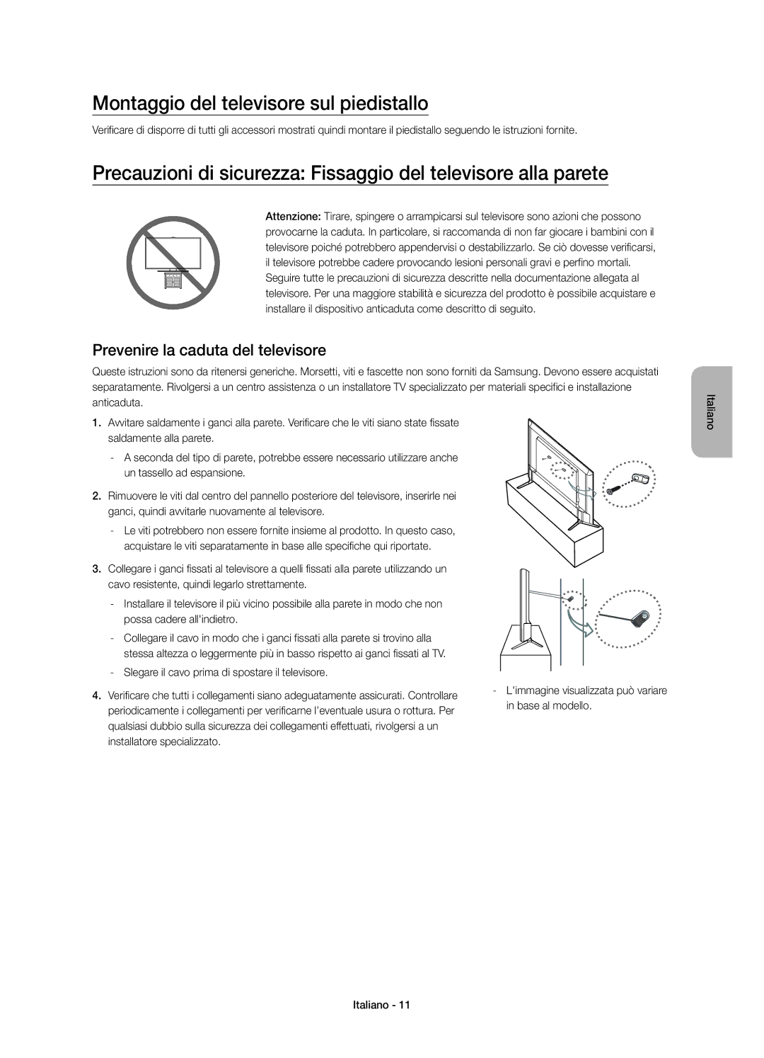 Samsung UE43JU6070UXTK, UE55JU6050UXZG manual Montaggio del televisore sul piedistallo, Prevenire la caduta del televisore 