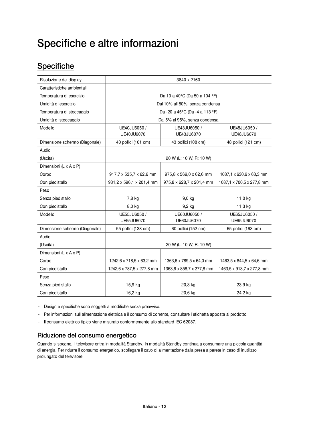 Samsung UE48JU6050UXZG, UE55JU6050UXZG, UE60JU6050UXZG Specifiche e altre informazioni, Riduzione del consumo energetico 