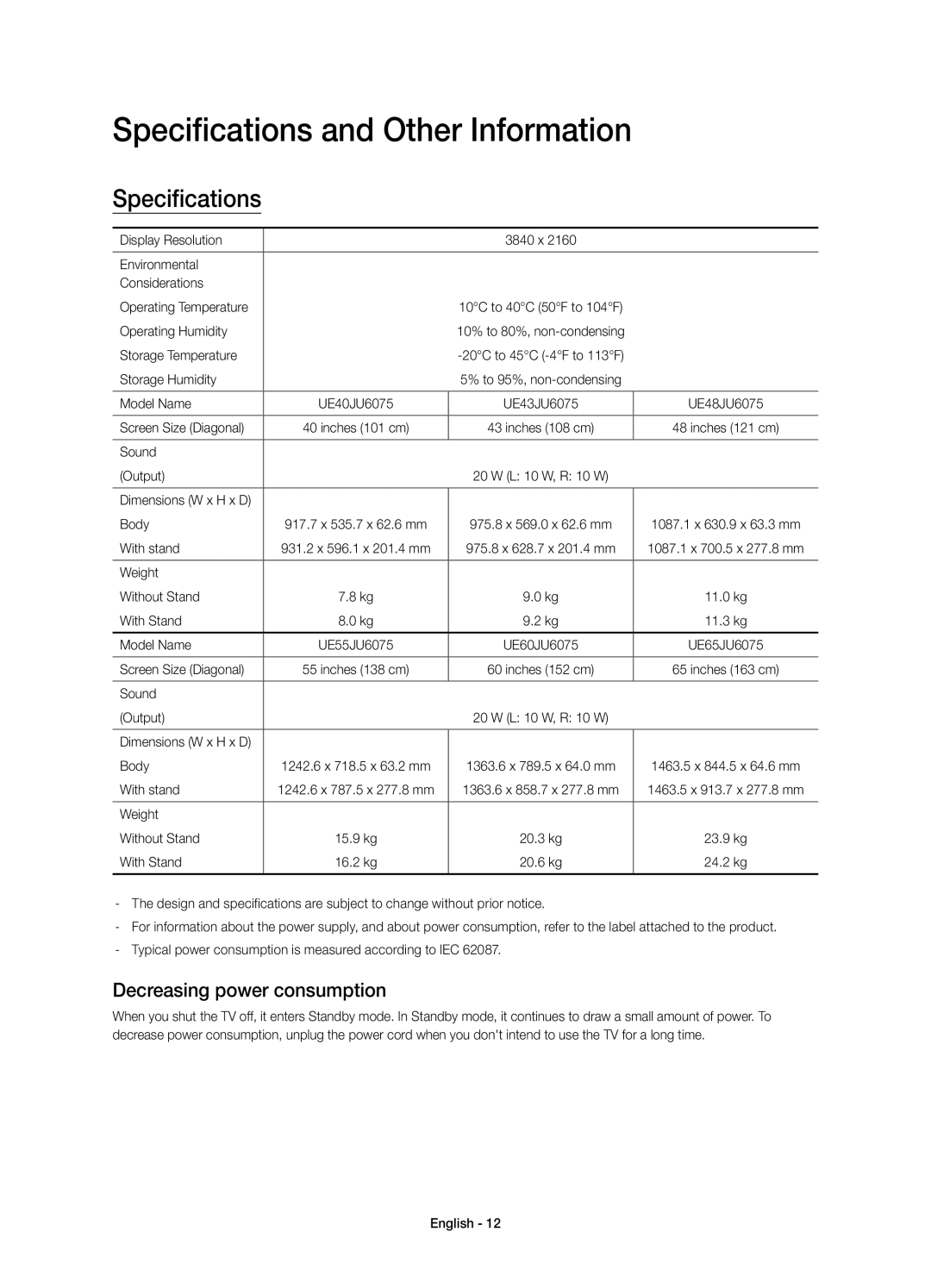 Samsung UE40JU6075UXXE, UE55JU6075UXXE, UE48JU6075UXXE Specifications and Other Information, Decreasing power consumption 