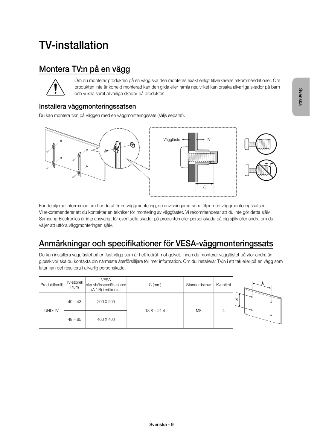 Samsung UE48JU6075UXXE, UE55JU6075UXXE manual TV-installation, Montera TVn på en vägg, Installera väggmonteringssatsen 