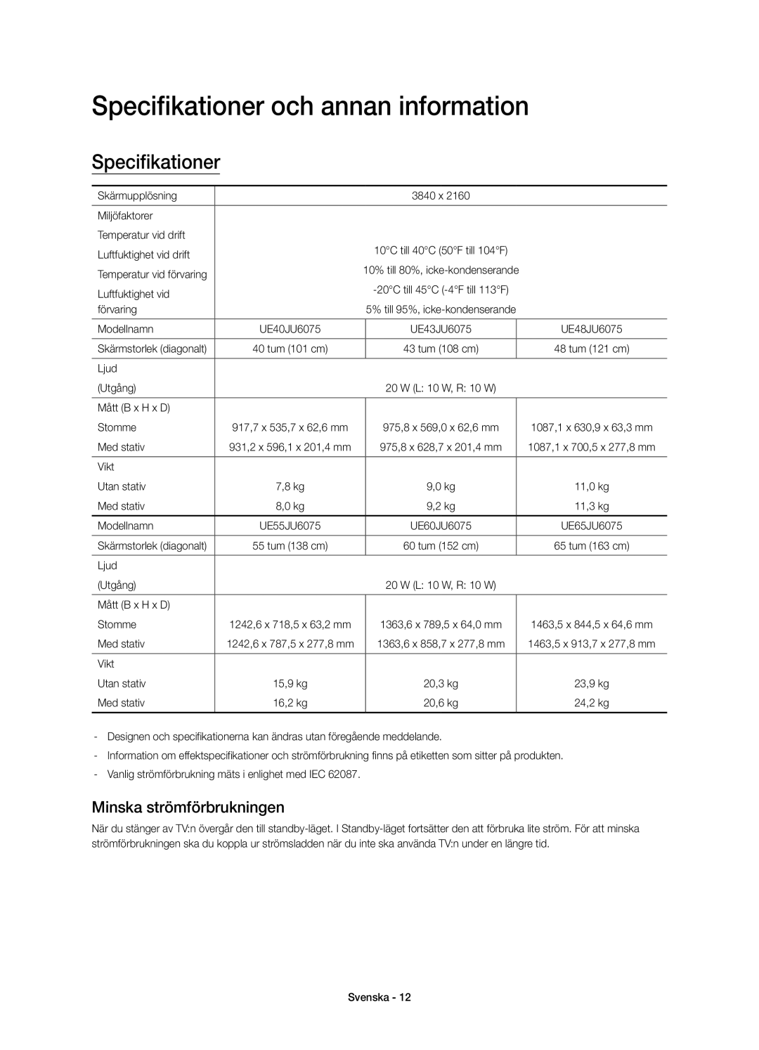 Samsung UE65JU6075UXXE, UE55JU6075UXXE, UE48JU6075UXXE Specifikationer och annan information, Minska strömförbrukningen 