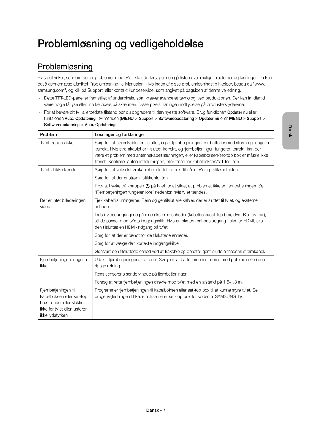 Samsung UE48JU6075UXXE, UE55JU6075UXXE, UE40JU6075UXXE, UE60JU6075UXXE, UE65JU6075UXXE manual Problemløsning og vedligeholdelse 