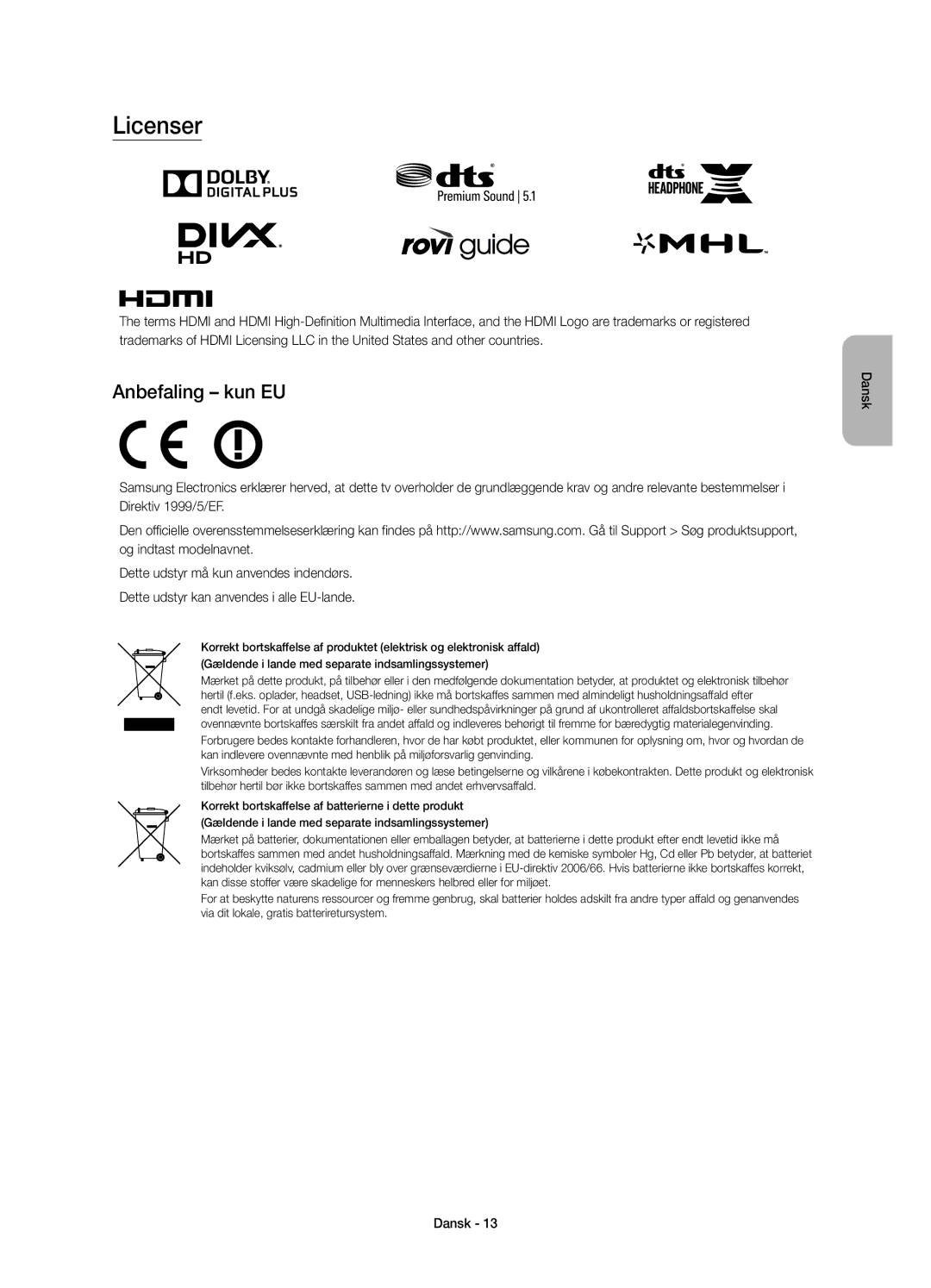 Samsung UE40JU6075UXXE, UE55JU6075UXXE, UE48JU6075UXXE, UE60JU6075UXXE, UE65JU6075UXXE manual Licenser, Anbefaling kun EU 