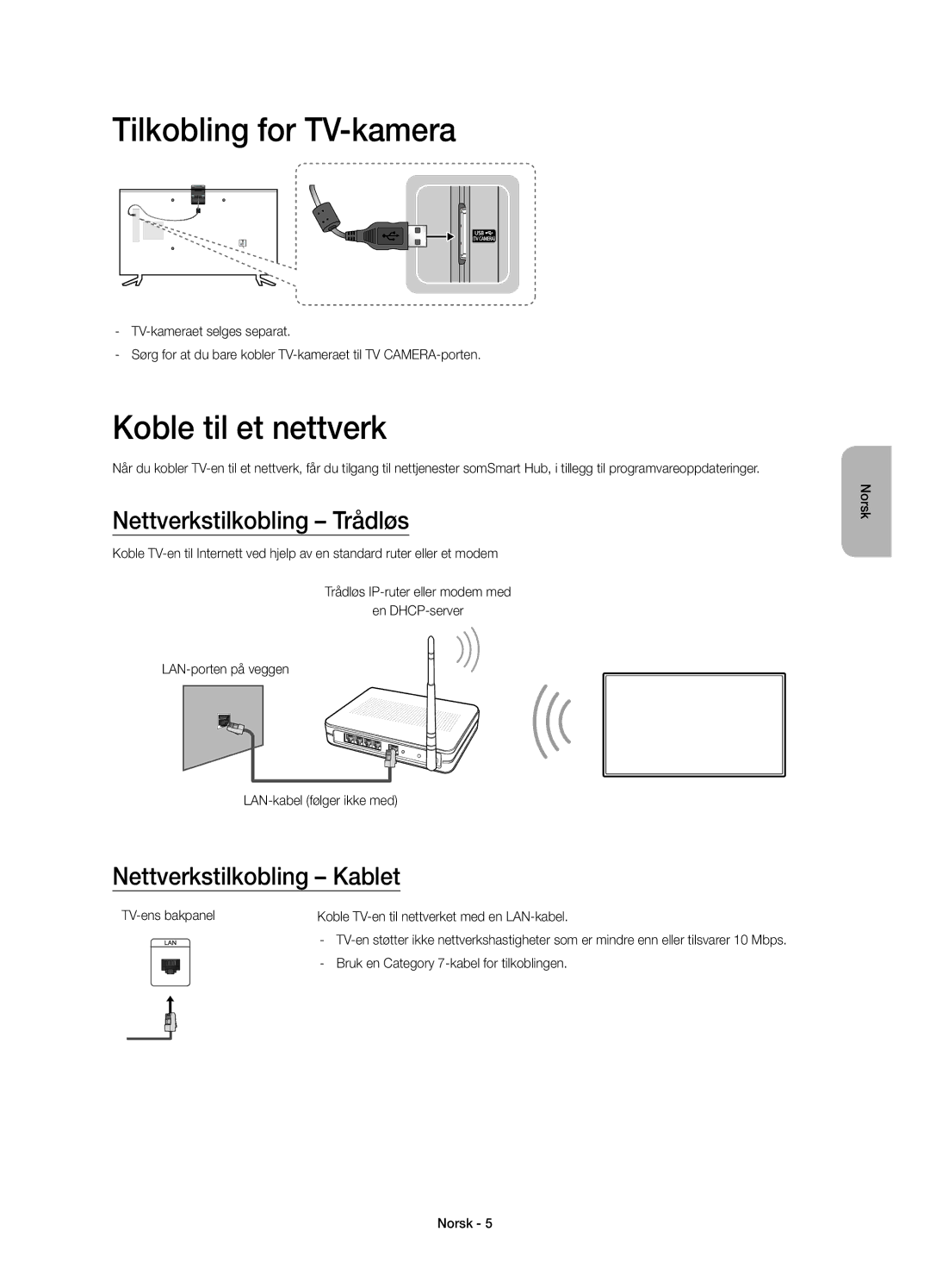 Samsung UE48JU6075UXXE, UE55JU6075UXXE manual Tilkobling for TV-kamera, Koble til et nettverk, Nettverkstilkobling Trådløs 