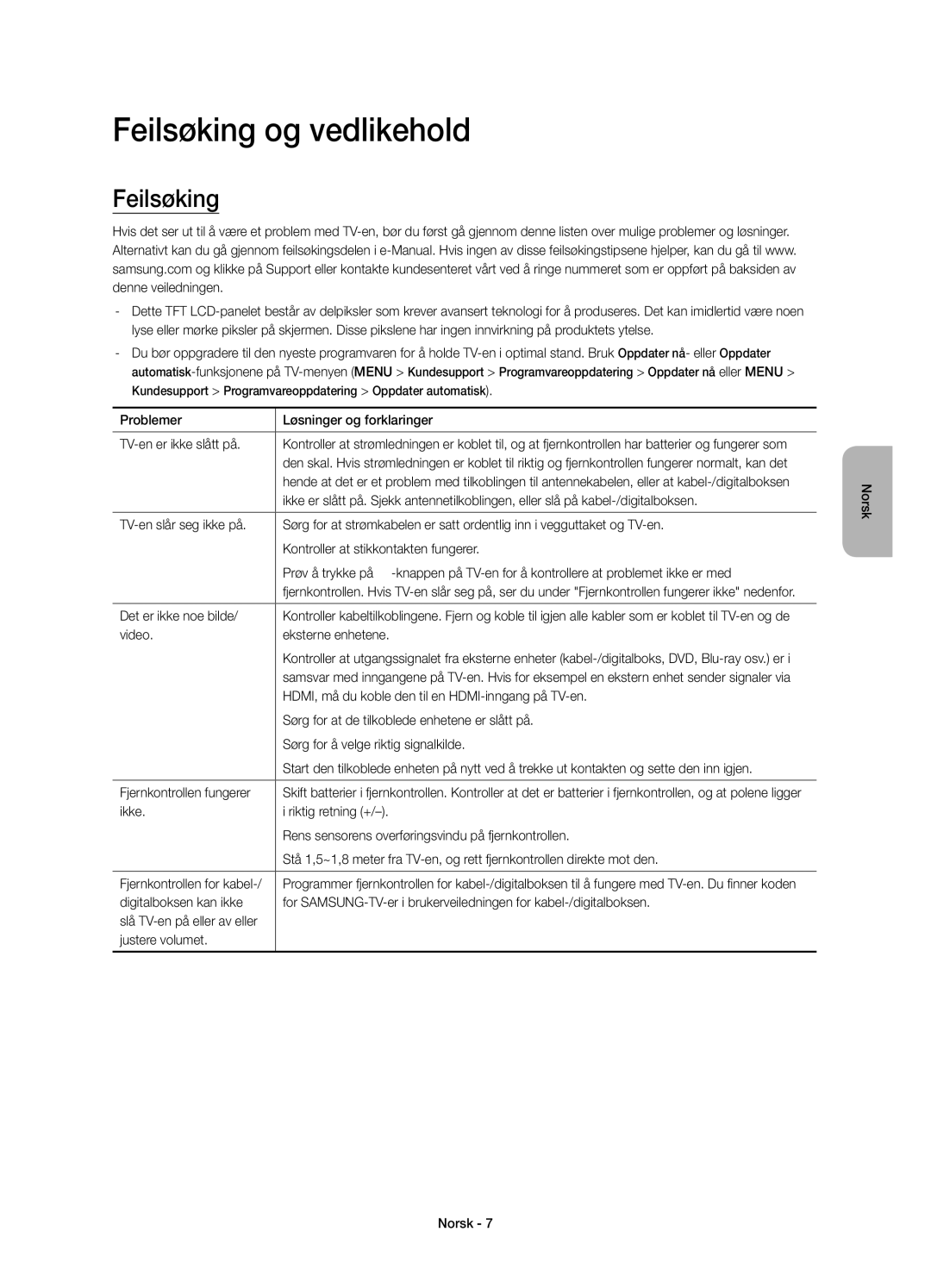 Samsung UE60JU6075UXXE, UE55JU6075UXXE, UE48JU6075UXXE, UE40JU6075UXXE, UE65JU6075UXXE manual Feilsøking og vedlikehold 