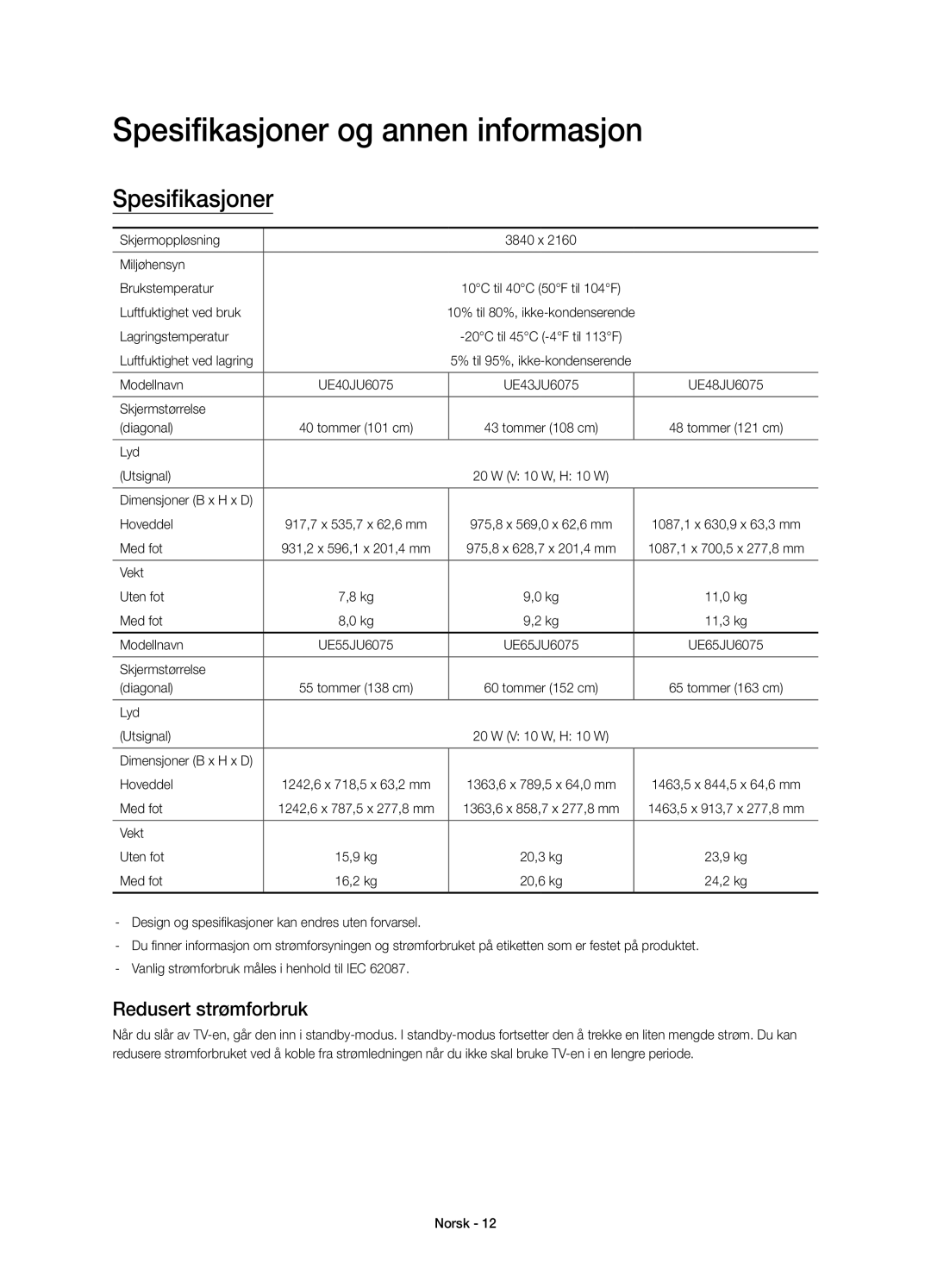 Samsung UE60JU6075UXXE, UE55JU6075UXXE, UE48JU6075UXXE manual Spesifikasjoner og annen informasjon, Redusert strømforbruk 