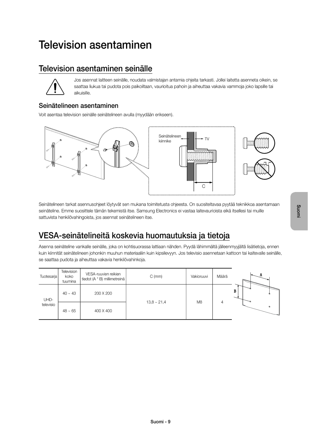 Samsung UE40JU6075UXXE manual Television asentaminen seinälle, VESA-seinätelineitä koskevia huomautuksia ja tietoja 