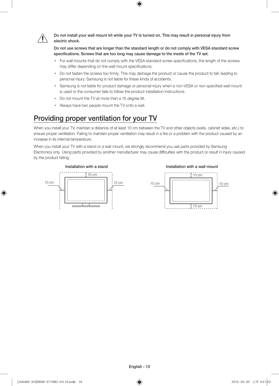 Samsung UE60JU6472UXXH, UE55JU6400WXXH manual Providing proper ventilation for your TV, Installation with a wall mount 