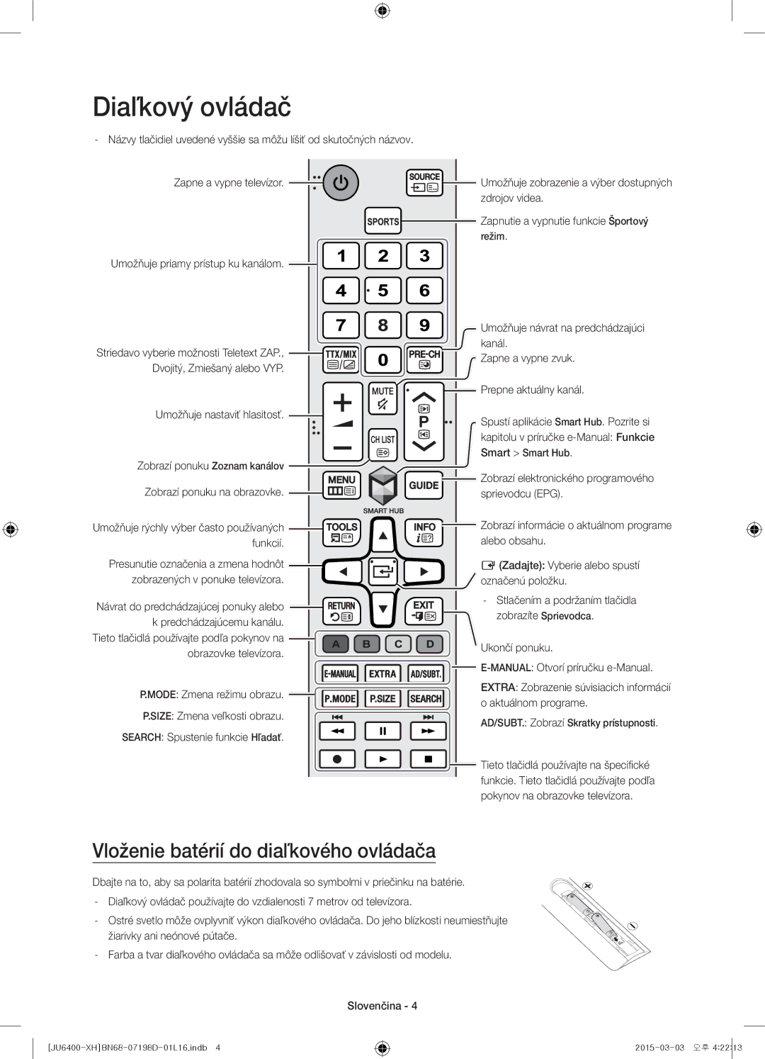 Samsung UE75JU6400WXXH, UE55JU6400WXXH, UE48JU6440WXXH manual Diaľkový ovládač, Vloženie batérií do diaľkového ovládača 