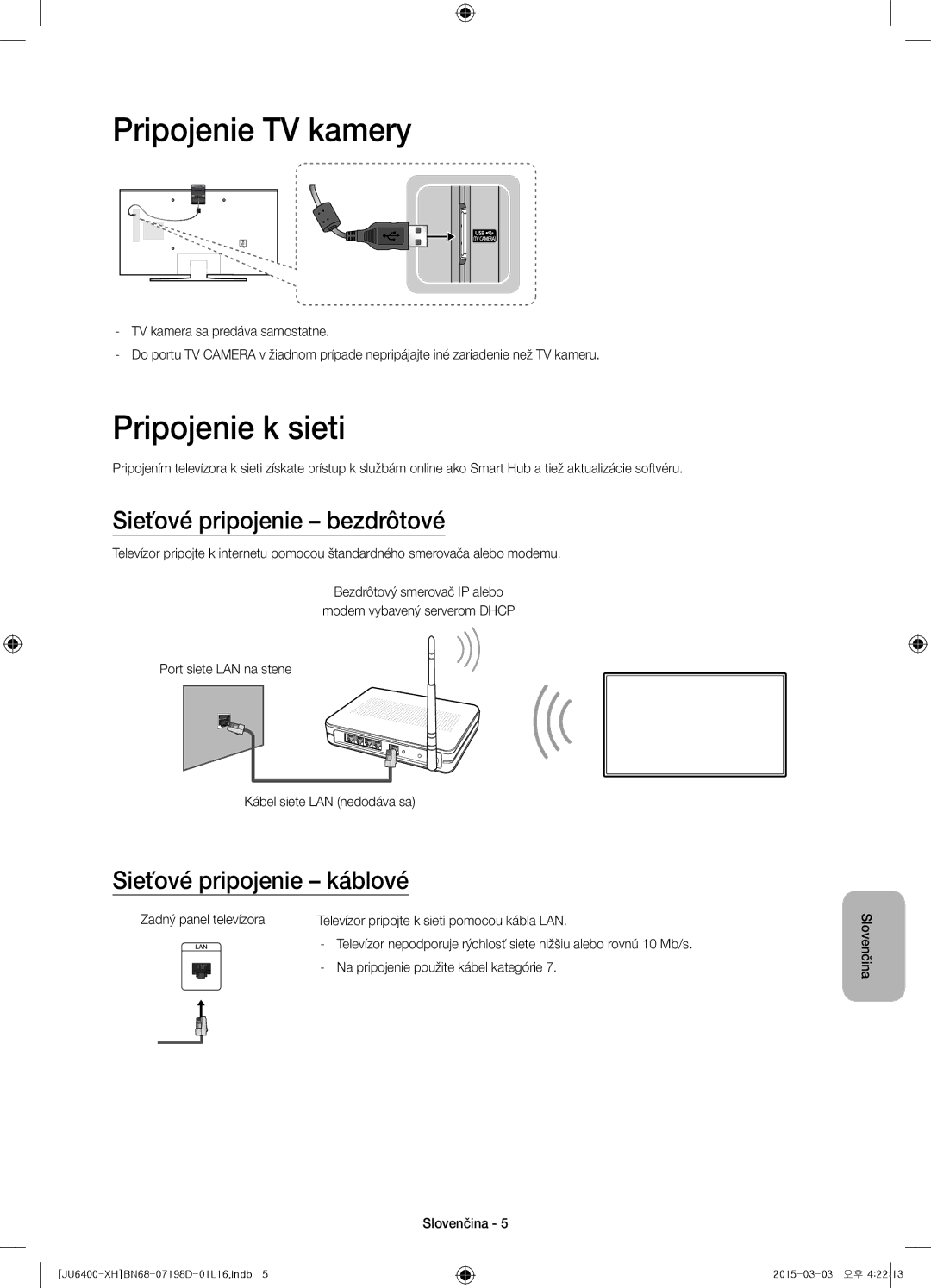 Samsung UE60JU6400WXXH Pripojenie TV kamery, Pripojenie k sieti, Sieťové pripojenie bezdrôtové, Sieťové pripojenie káblové 