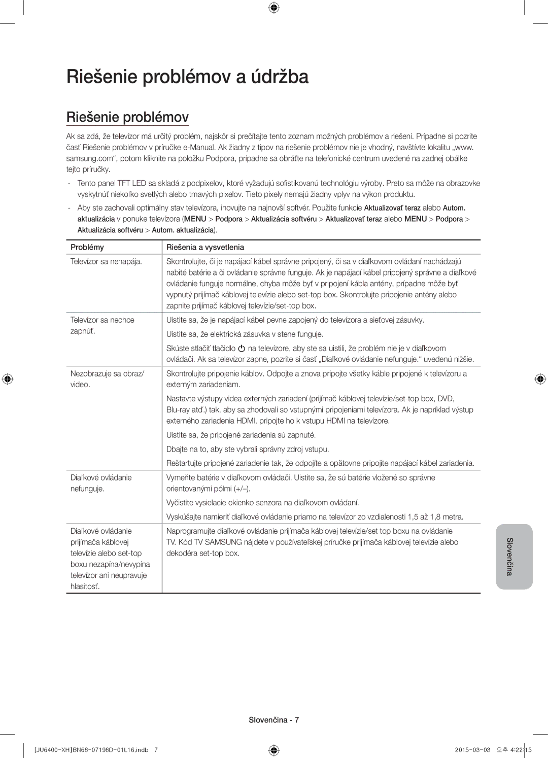 Samsung UE40JU6410SXXH, UE55JU6400WXXH, UE48JU6440WXXH, UE48JU6400WXXH, UE40JU6400WXXH manual Riešenie problémov a údržba 