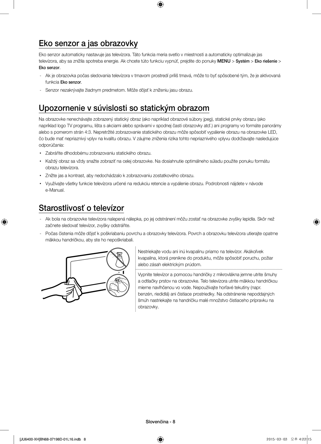 Samsung UE65JU6400WXXH, UE55JU6400WXXH manual Eko senzor a jas obrazovky, Upozornenie v súvislosti so statickým obrazom 