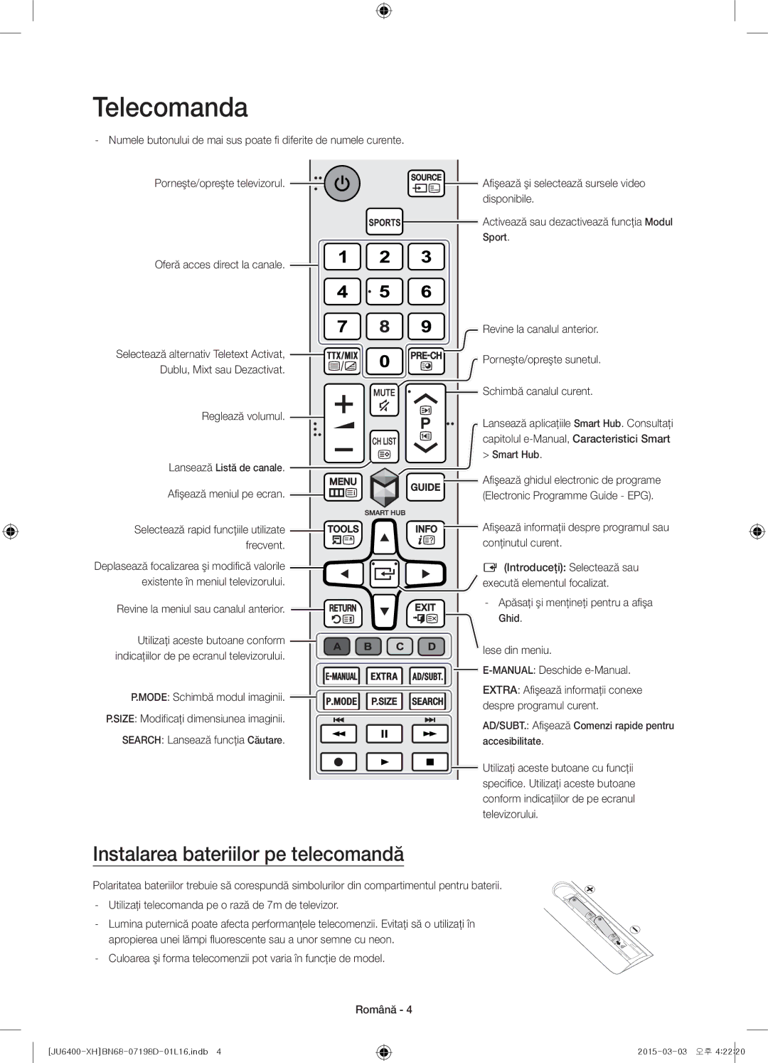 Samsung UE55JU6400WXXH, UE48JU6440WXXH, UE48JU6400WXXH, UE40JU6400WXXH Telecomanda, Instalarea bateriilor pe telecomandă 