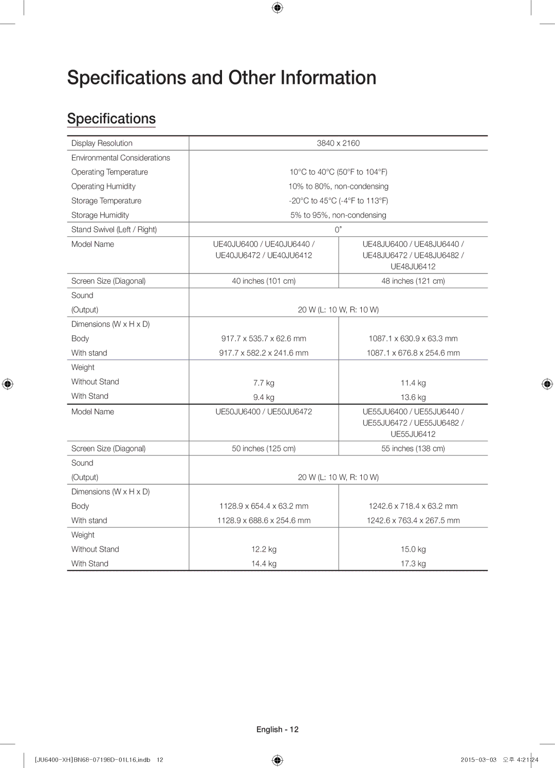 Samsung UE40JU6472UXXH, UE55JU6400WXXH, UE48JU6440WXXH, UE48JU6400WXXH, UE40JU6400WXXH Specifications and Other Information 