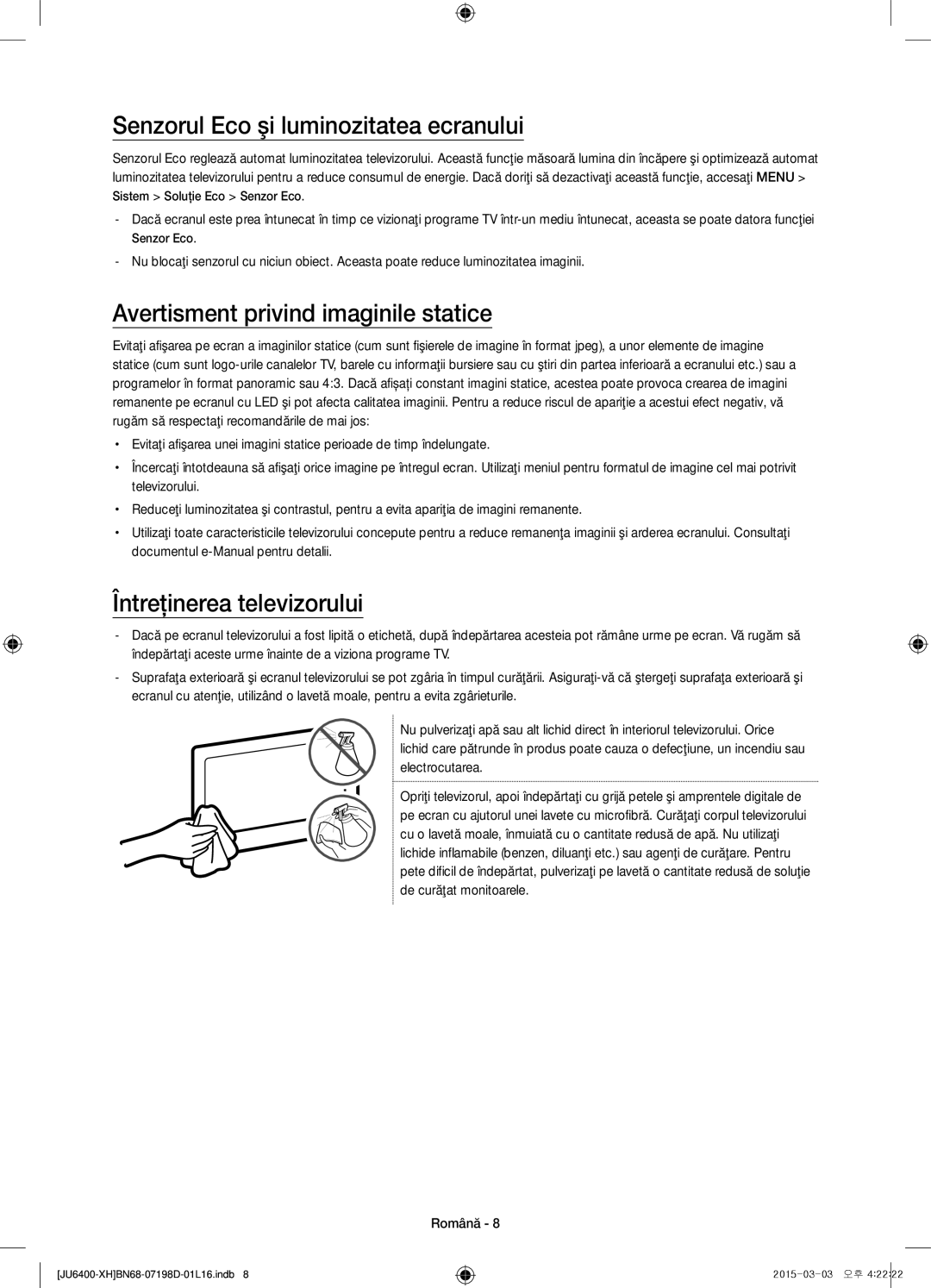 Samsung UE48JU6440WXXN, UE55JU6400WXXH manual Senzorul Eco şi luminozitatea ecranului, Avertisment privind imaginile statice 