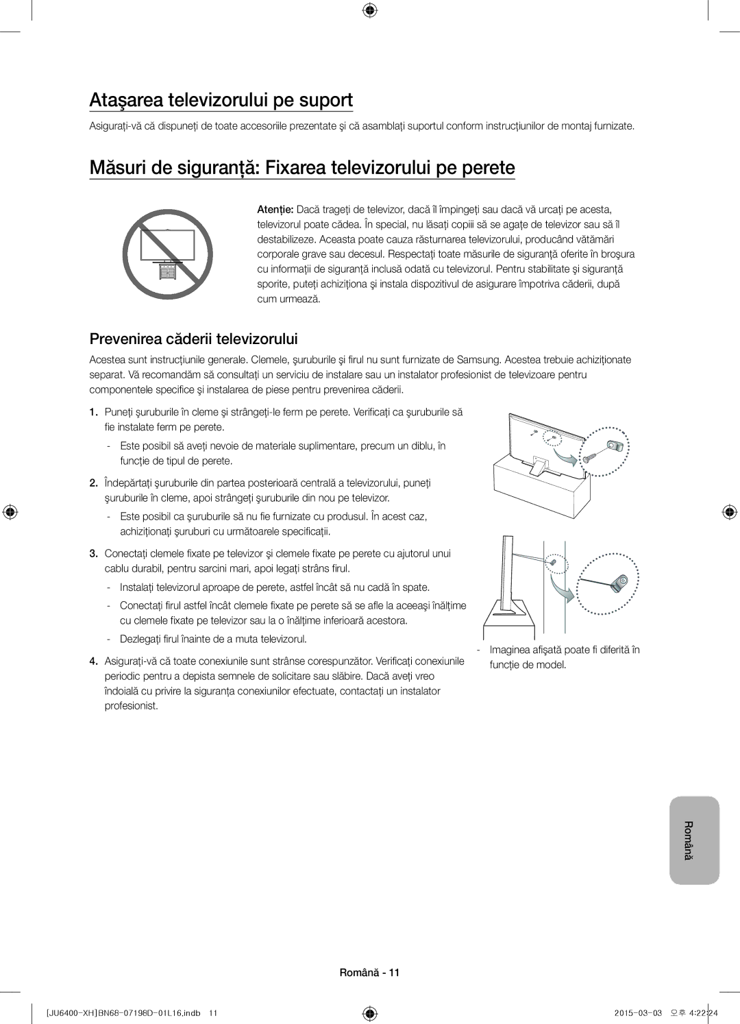 Samsung UE48JU6412UXXH Ataşarea televizorului pe suport, Măsuri de siguranţă Fixarea televizorului pe perete, Profesionist 