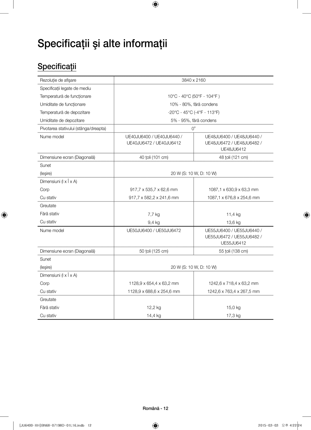 Samsung UE50JU6472UXXH, UE55JU6400WXXH, UE48JU6440WXXH, UE48JU6400WXXH, UE40JU6400WXXH manual Specificaţii şi alte informaţii 