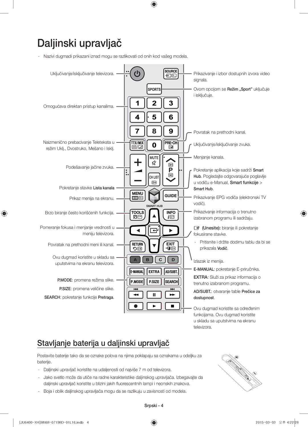 Samsung UE40JU6412UXXH, UE55JU6400WXXH, UE48JU6440WXXH, UE48JU6400WXXH manual Stavljanje baterija u daljinski upravljač 