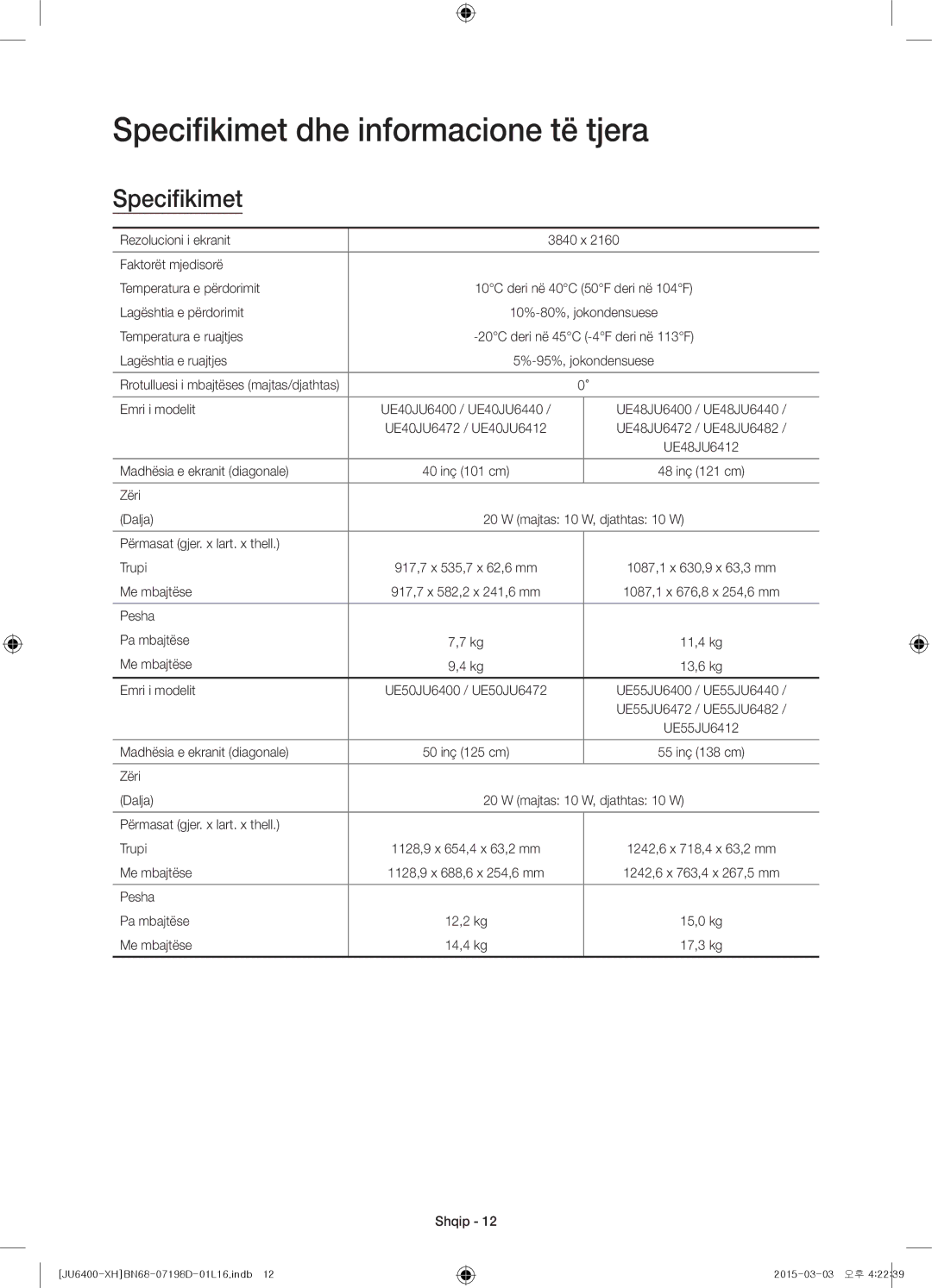 Samsung UE48JU6412UXXH, UE55JU6400WXXH, UE48JU6440WXXH, UE48JU6400WXXH, UE40JU6400WXXH Specifikimet dhe informacione të tjera 