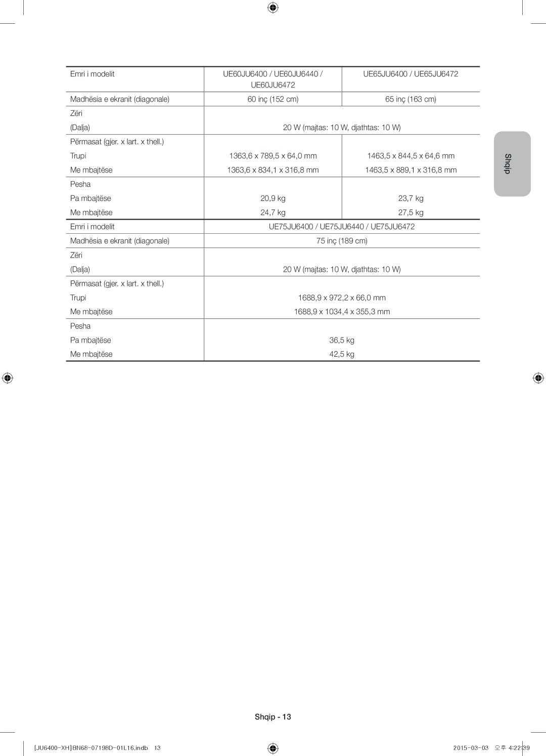 Samsung UE50JU6472UXXH, UE55JU6400WXXH, UE48JU6440WXXH, UE48JU6400WXXH, UE40JU6400WXXH manual 60 inç 152 cm 65 inç 163 cm 